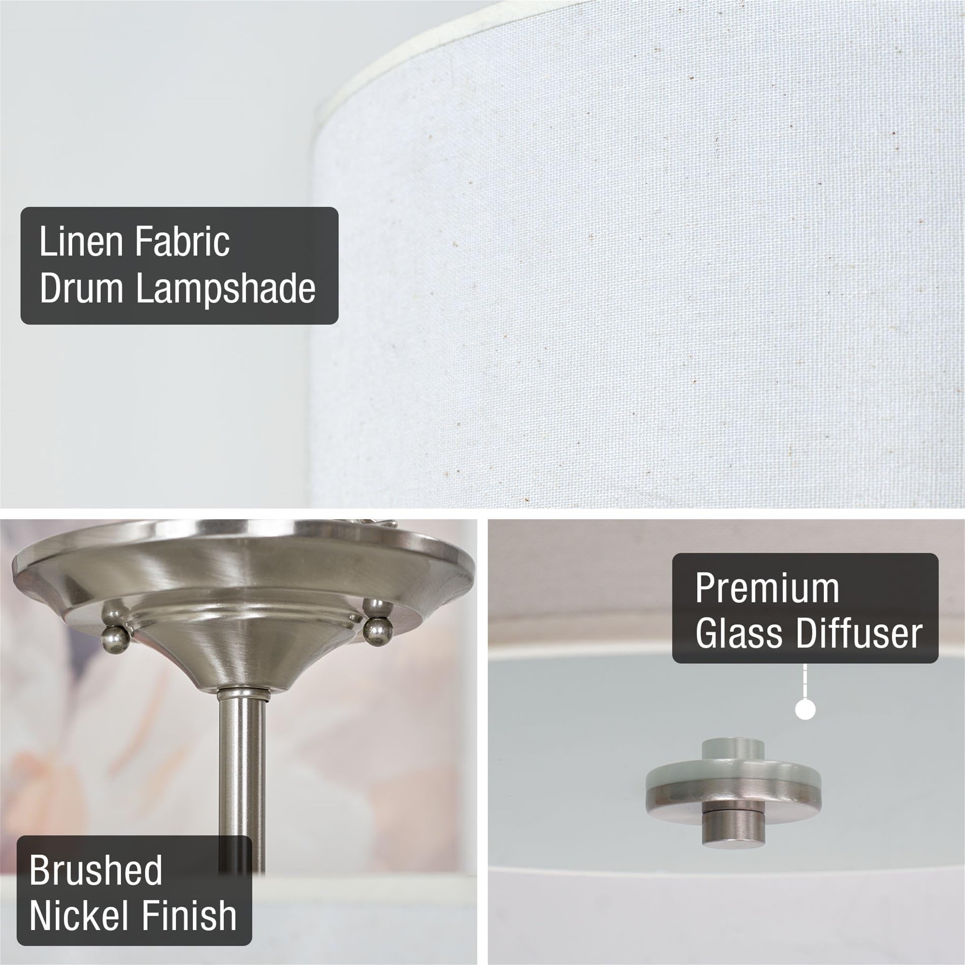 Kira Home 2-Light Semi-Flush Mount Ceiling Light Fixture, Off-White Fabric Drum Shade, Brushed Nickel Finish, Model OpenBox-RV-CSF615-414-BN