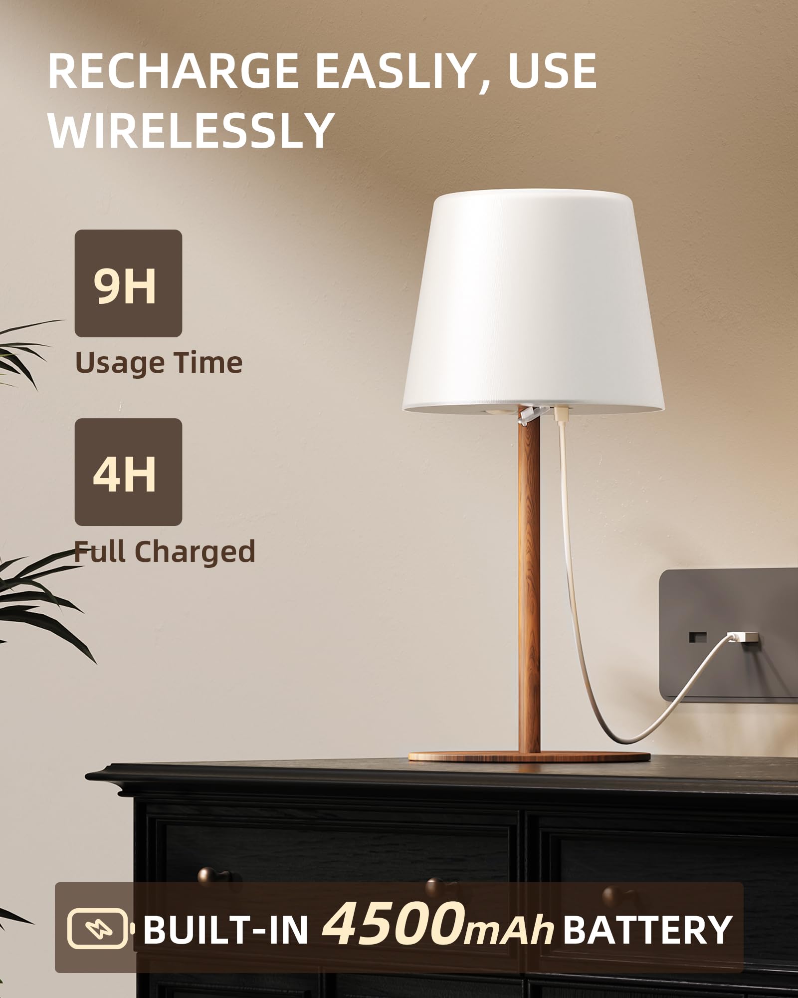 EZVALO Outdoor Cordless Table Lamp - IP65 Waterproof, Dimmable Touch, 4500mAh Rechargeable, Wood Grain, 1 Pack