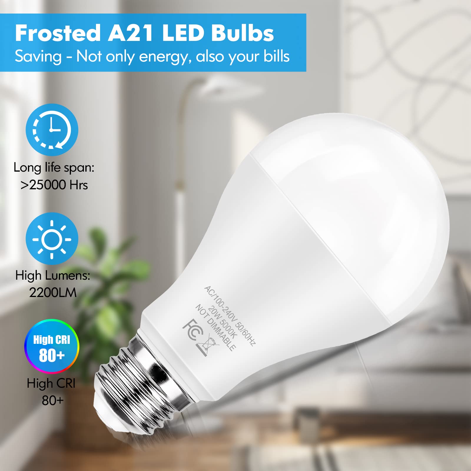Tobusa Led Light Bulbs 150 Watt Equivalent, 20W Super Bright Light Bulbs, Daylight White 5000K, A21 Led Bulbs E26 Base, Non-Dimm