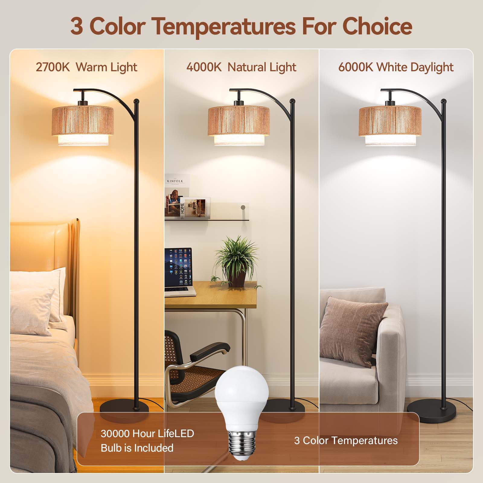 Sunmory Floor Lamps For Living Room With 12W Led Bulb  Arc Floor Lamp With 3 Color Temperatures  Farmhouse Floor Lamps With Adjustable Rattan & Fabric Shades  Boho Standing Lamp For Bedroom  Corner