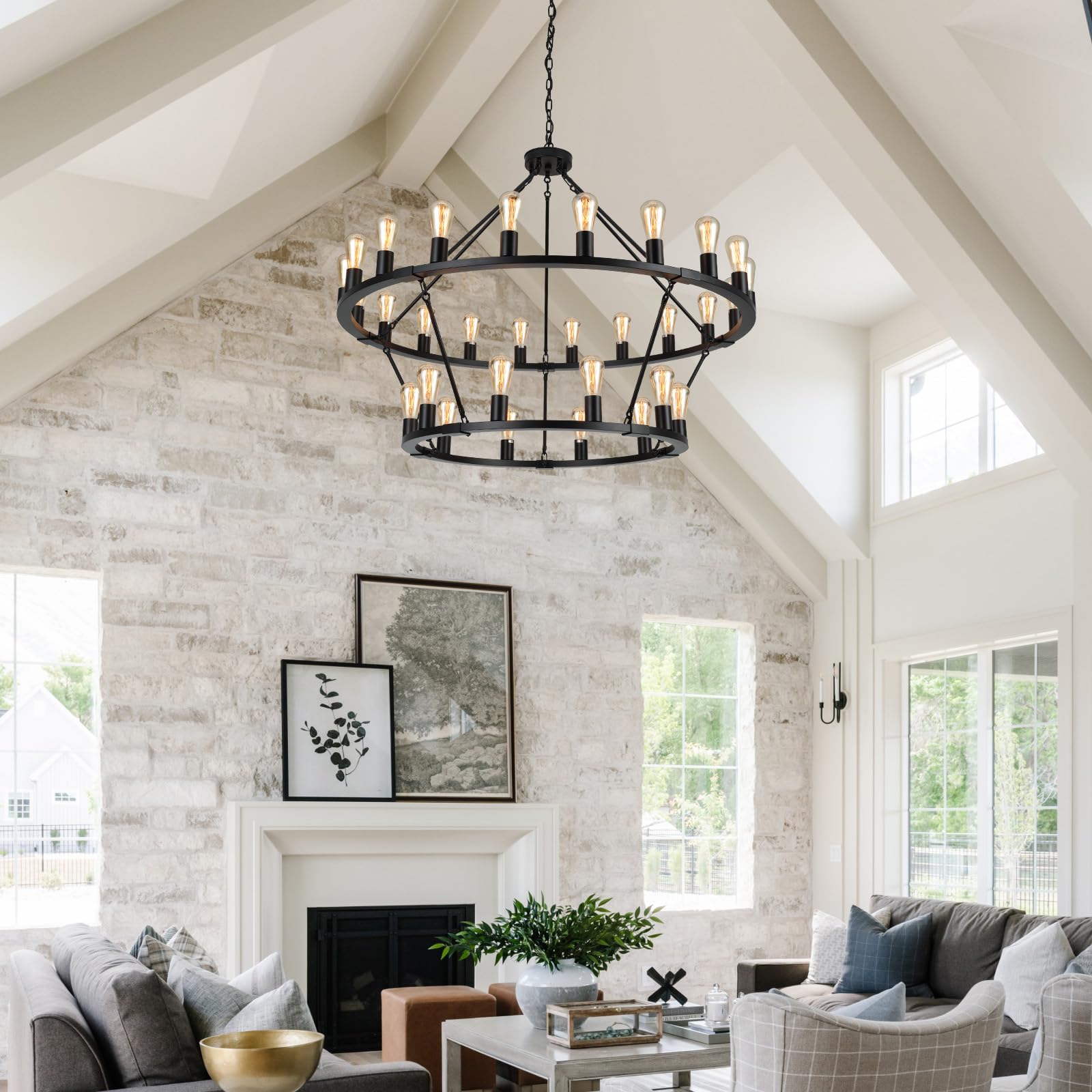 Senyshilon Large Black Wagon Wheel Chandelier, 30-Lights 48&quot; Farmhouse Light Fixture