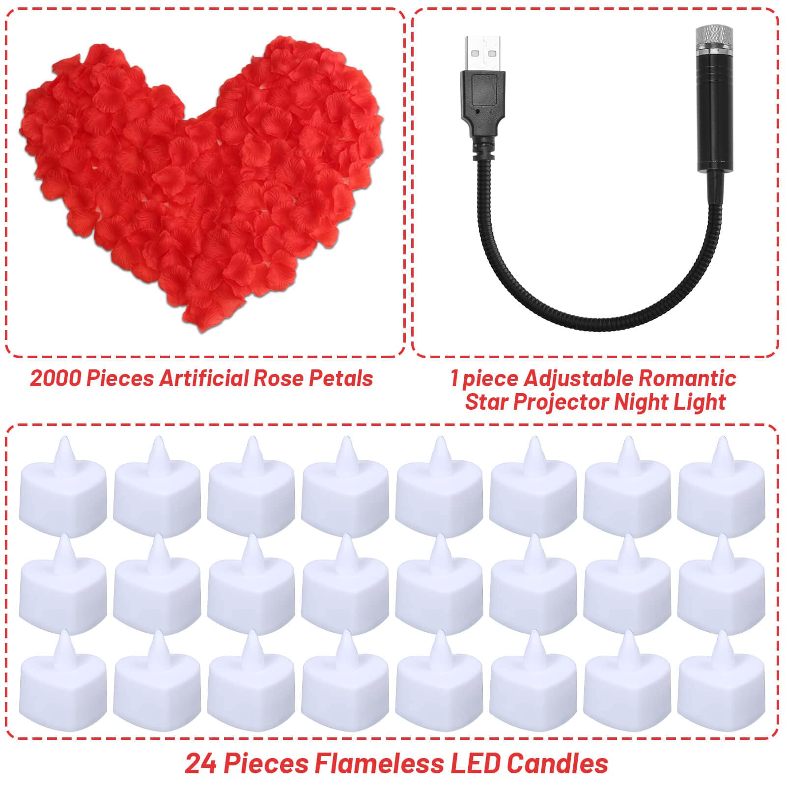 Romantic Decorations For Special Night, 2000Pcs Artificial Rose Petals With 24Pcs Led Candles, Star Night Light For Romantic Nig