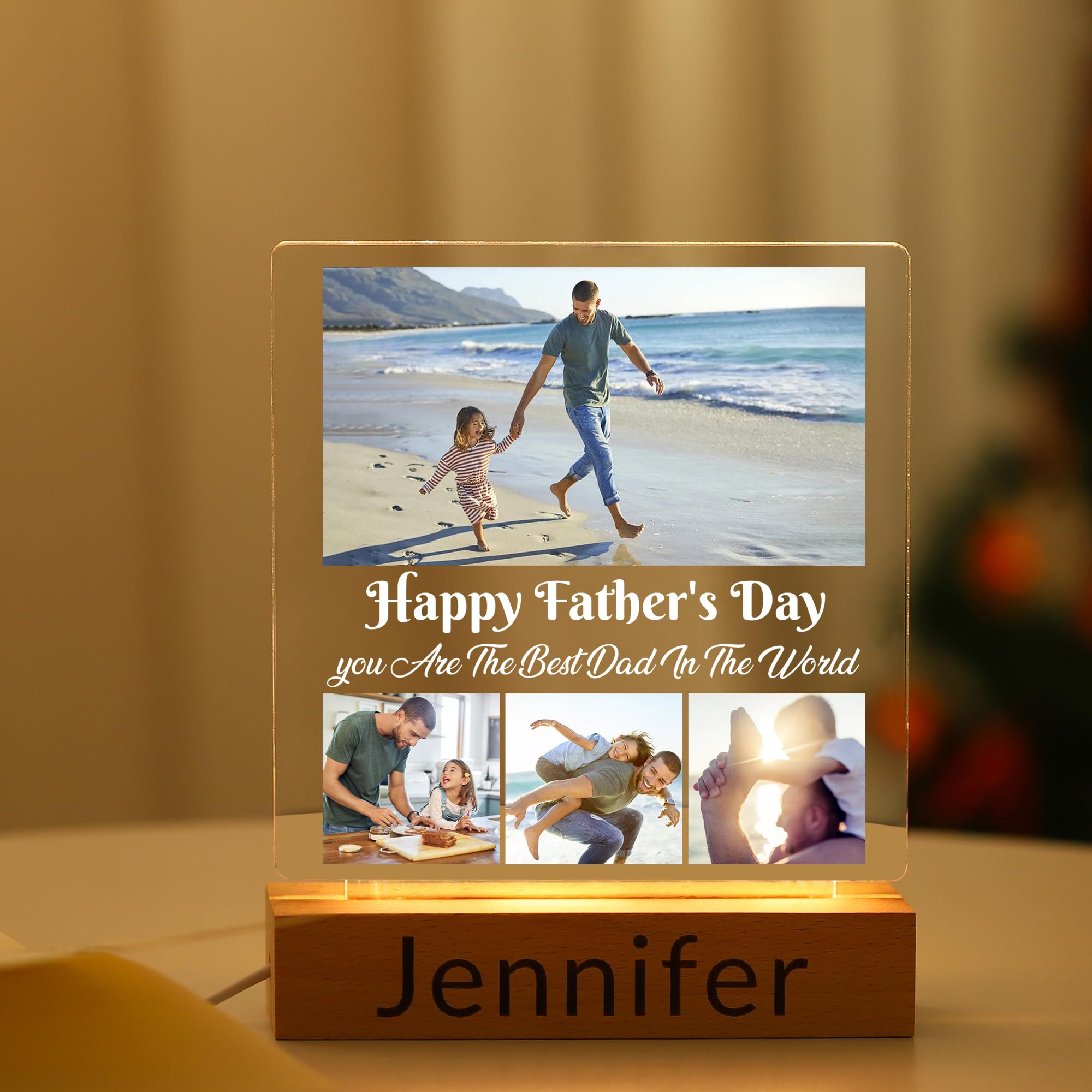 WSYEAR Customized Fathers Day Birthday Gifts for Dad from Wife Daughter Custom Dad Gifts from Son Kids Personalized Acrylic Plaque Printed with Photos LED Night Light Gifts for Papa Daddy
