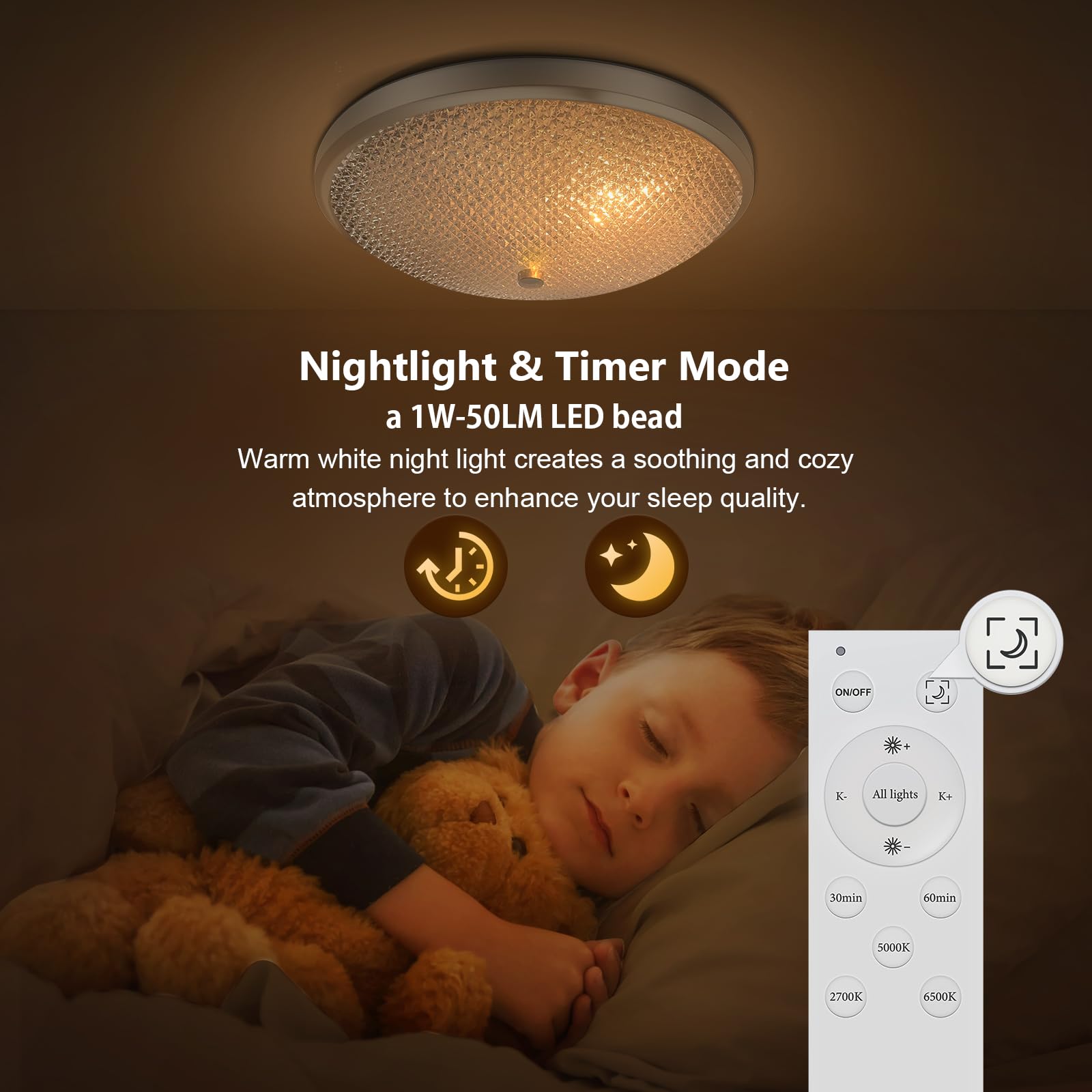 OOWOLF Flush Mount Ceiling Light 40W 2700-6500K Adjustable LED Brushed Nickel Base 12.67 Inch White Model LM-US-CT21R