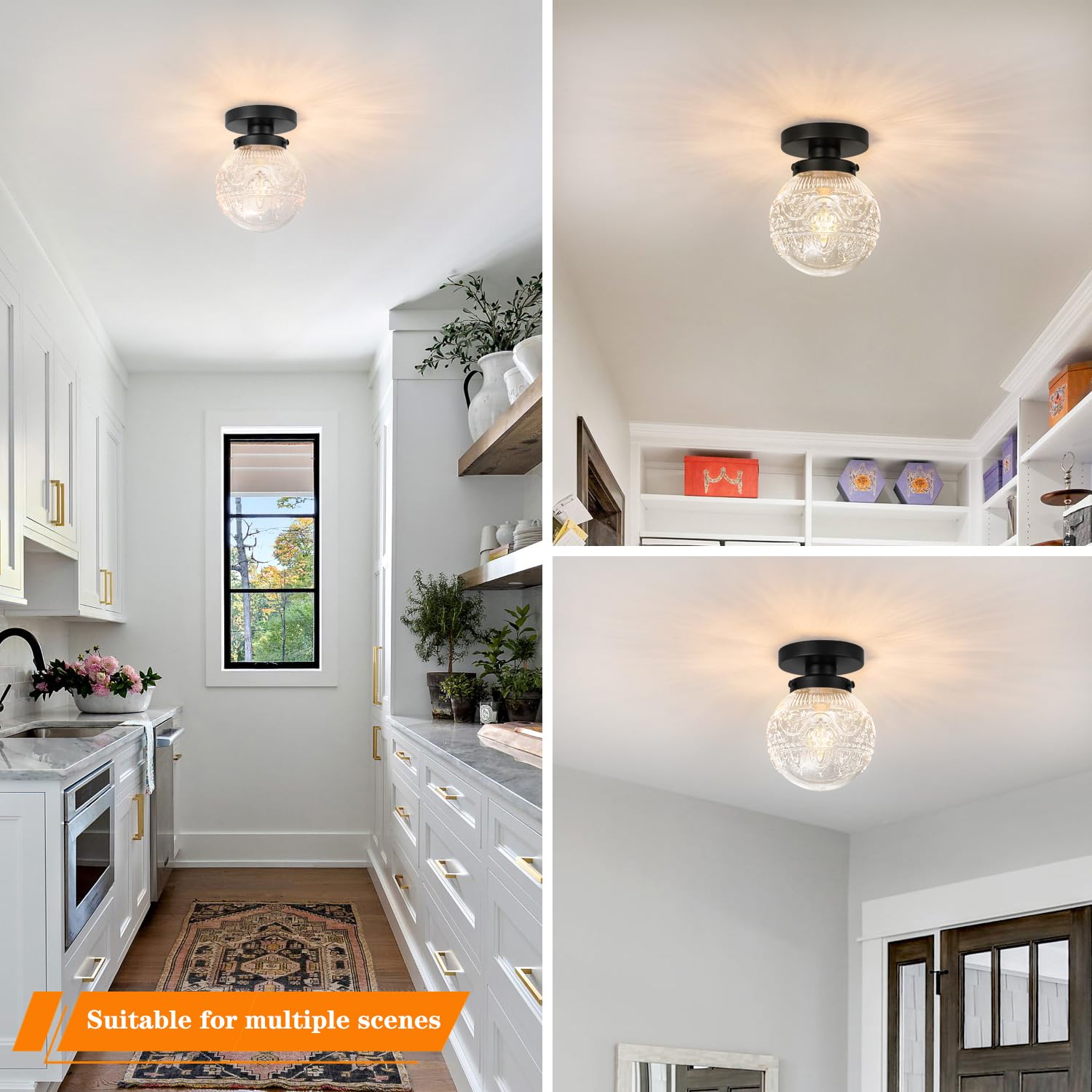 Daunton Semi Flush Mount Ceiling Light Fixtures, Vintage Globe Glass Ceiling Light Fixture, Antique Small Black Hallway Light Fixtures For Bedroom, Closet, Entryway, Bathroom, Kitchen