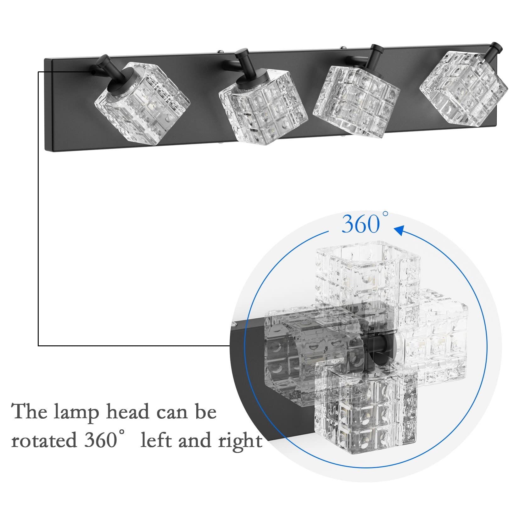 Ralbay Crystal Vanity Lights - 4 LED Matte Black Bathroom Lights Over Mirror - 26 inch - Model 9822ralbay - Metal