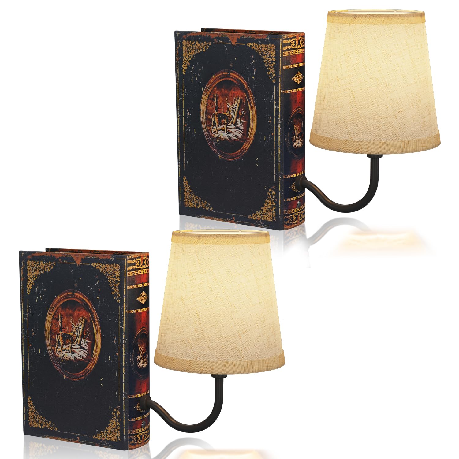 FUNTAPHANTA Vintage Bookshelf Lamp Rechargeable Set of Two, Cordless Book Lamp with Linen Shade, Dimmable Touch Control Table La