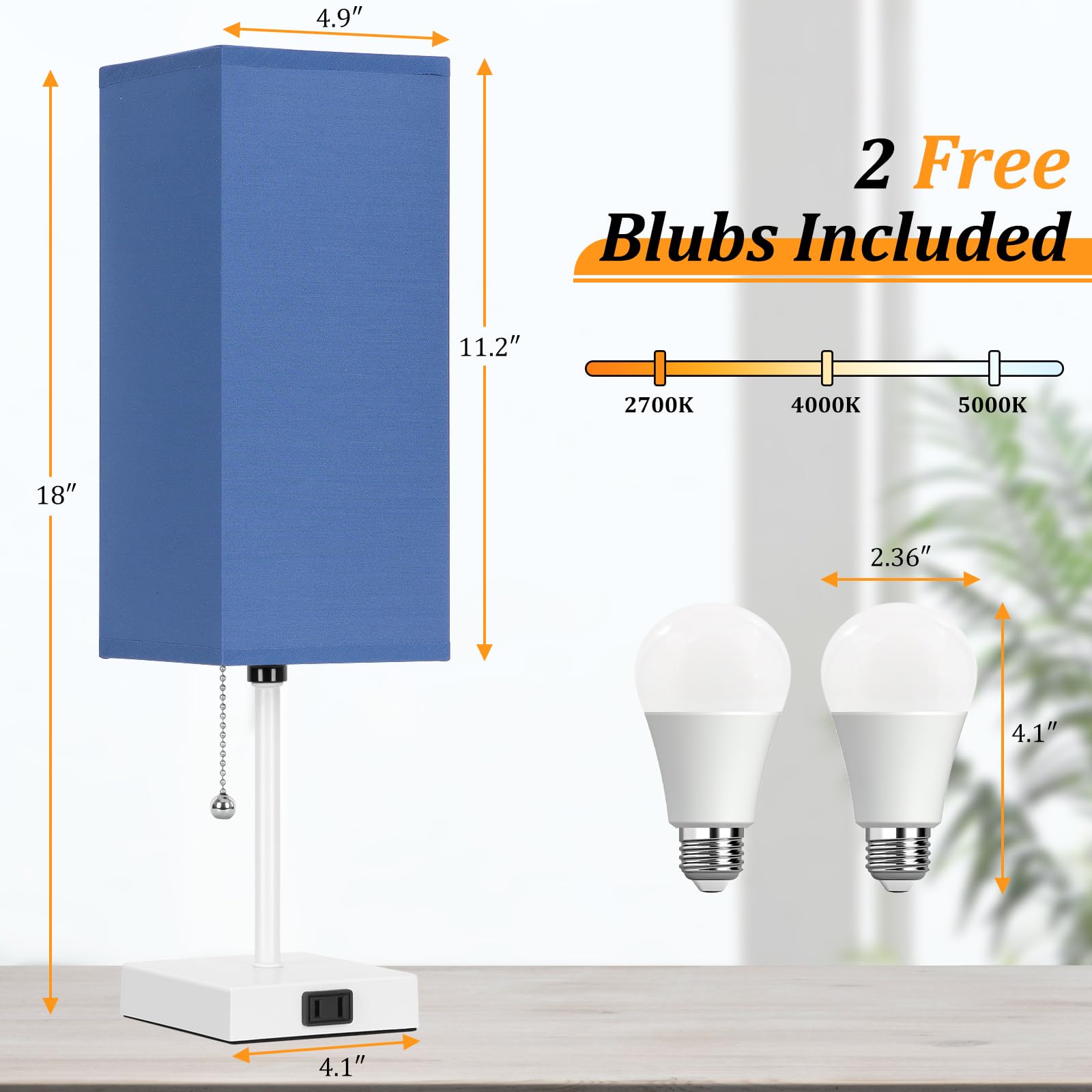 Dott Arts Table Lamp Set of 2, 18" White-Blue Plastic Lamps with AC Outlets and Pull Chain for Bedroom and Living Room Decor