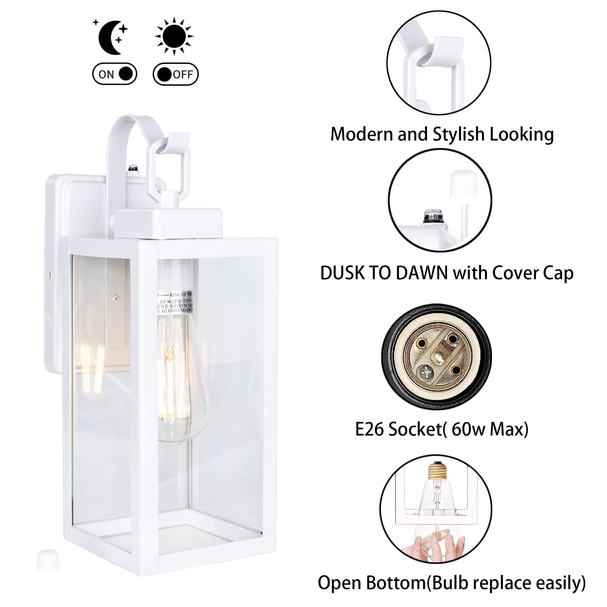Yoonlit Smartlife Yn-Wl009 Outdoor Wall Sconce With Dusk To Dawn Photocell Sensor, Traditional One Light Porch Light, Weather Resistant, Stainless Metal Housing, Clear Glass, White, 2-Pack