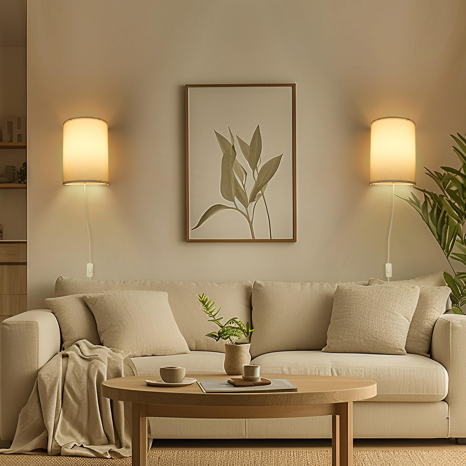Beser·Win Wall Lamp, Industrial Plug-in Sconce, Fabric, On/Off Switch, Set of Two, White, Model: wall lamp-005