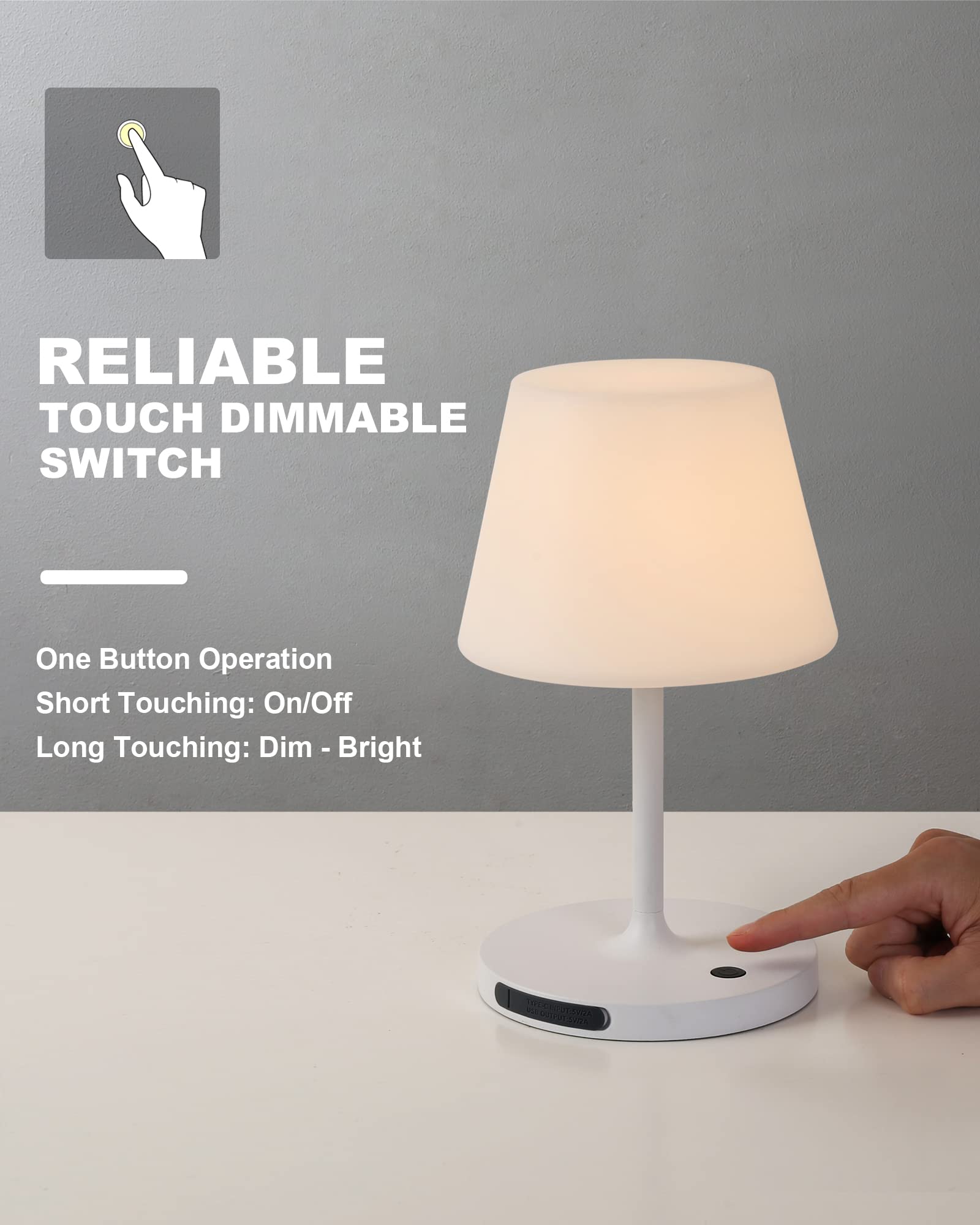 WEILAILUX Outdoor Table Lamp, Waterproof Cordless LED, Touch Dimmable, 9.6in White, Rechargeable, Model WL-3664