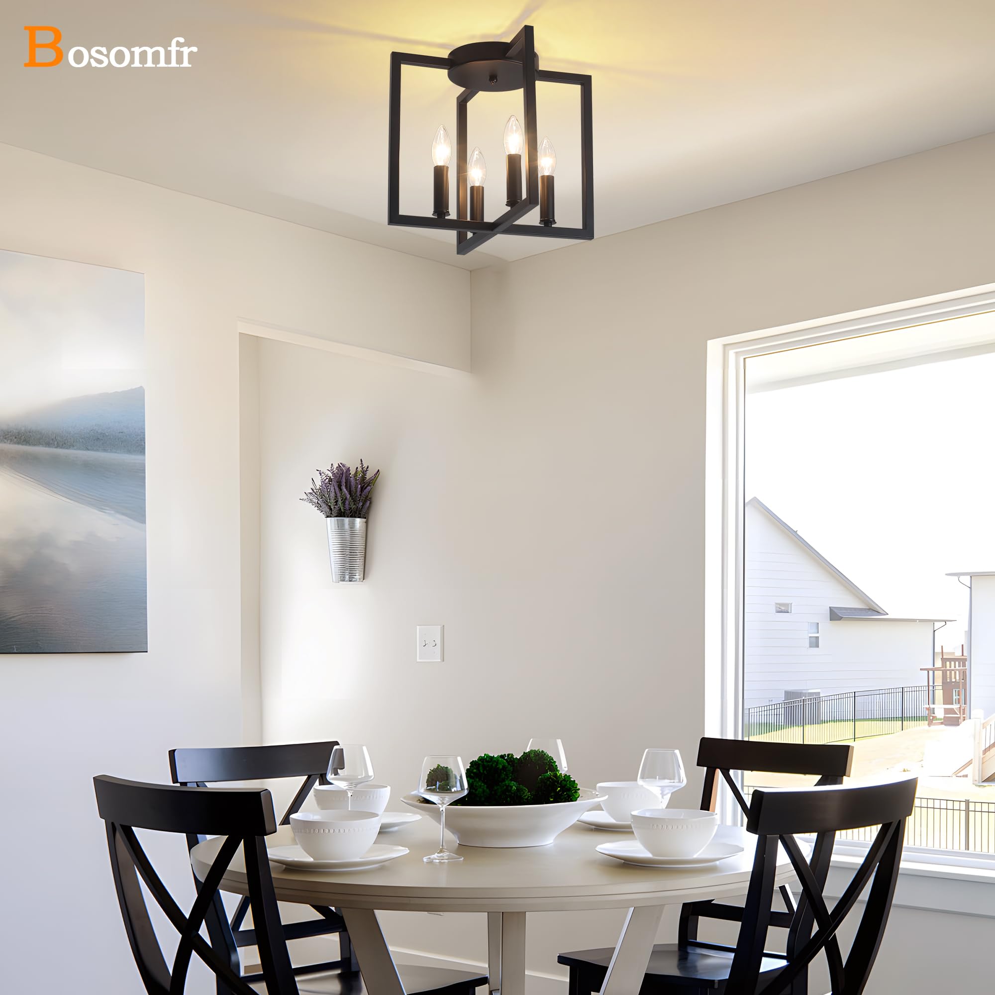 Bosomfr Semi Flush Mount 4-Light Black Ceiling Light, Modern Farmhouse Industrial Light With Geometric Metal Shade, Kitchen, Hal