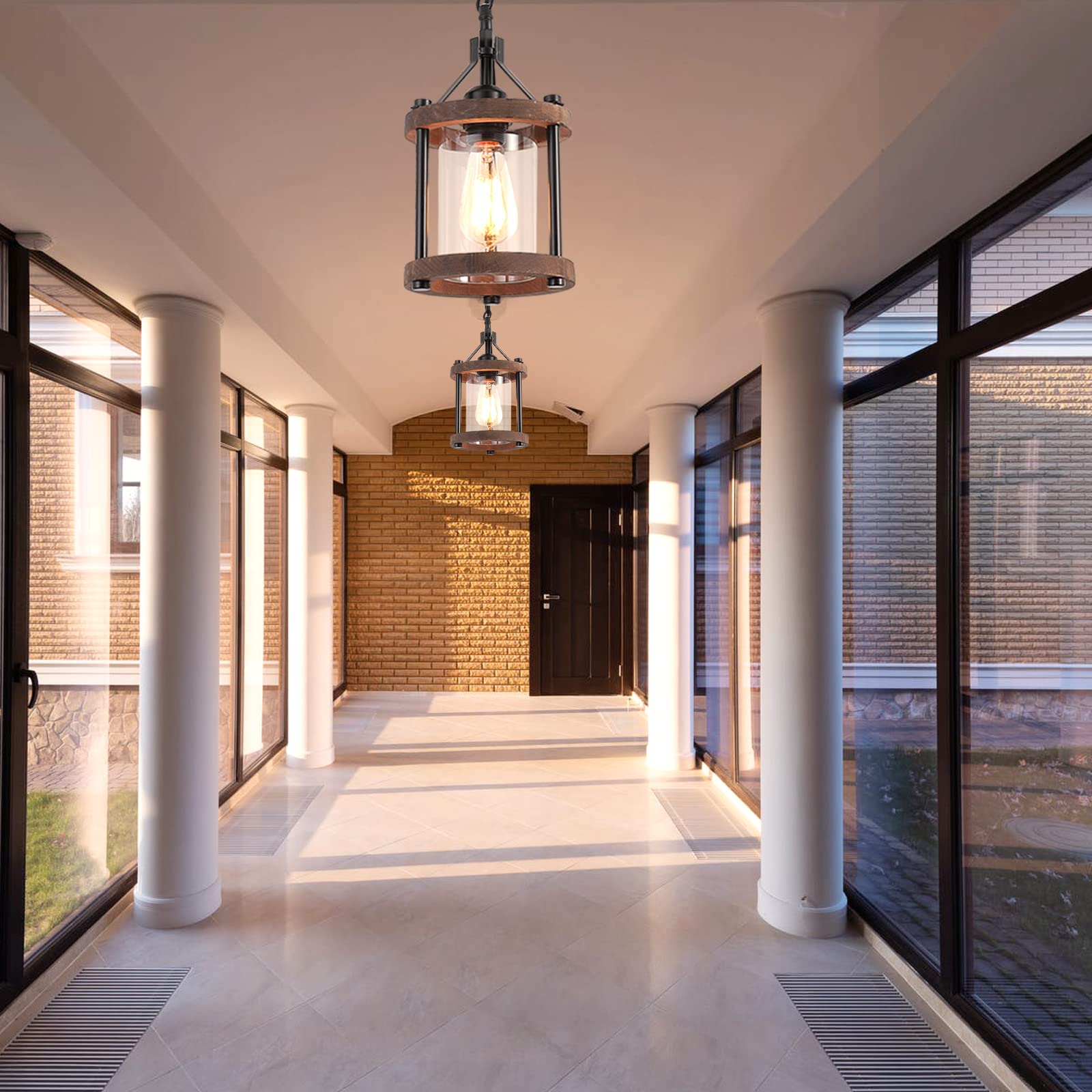 Sglfarmty Farmhouse Pendent Lights In Kitchen Island, Rustic Wood Pendant Light With Glass Shade, Bronze Entryway Pendant Lighti