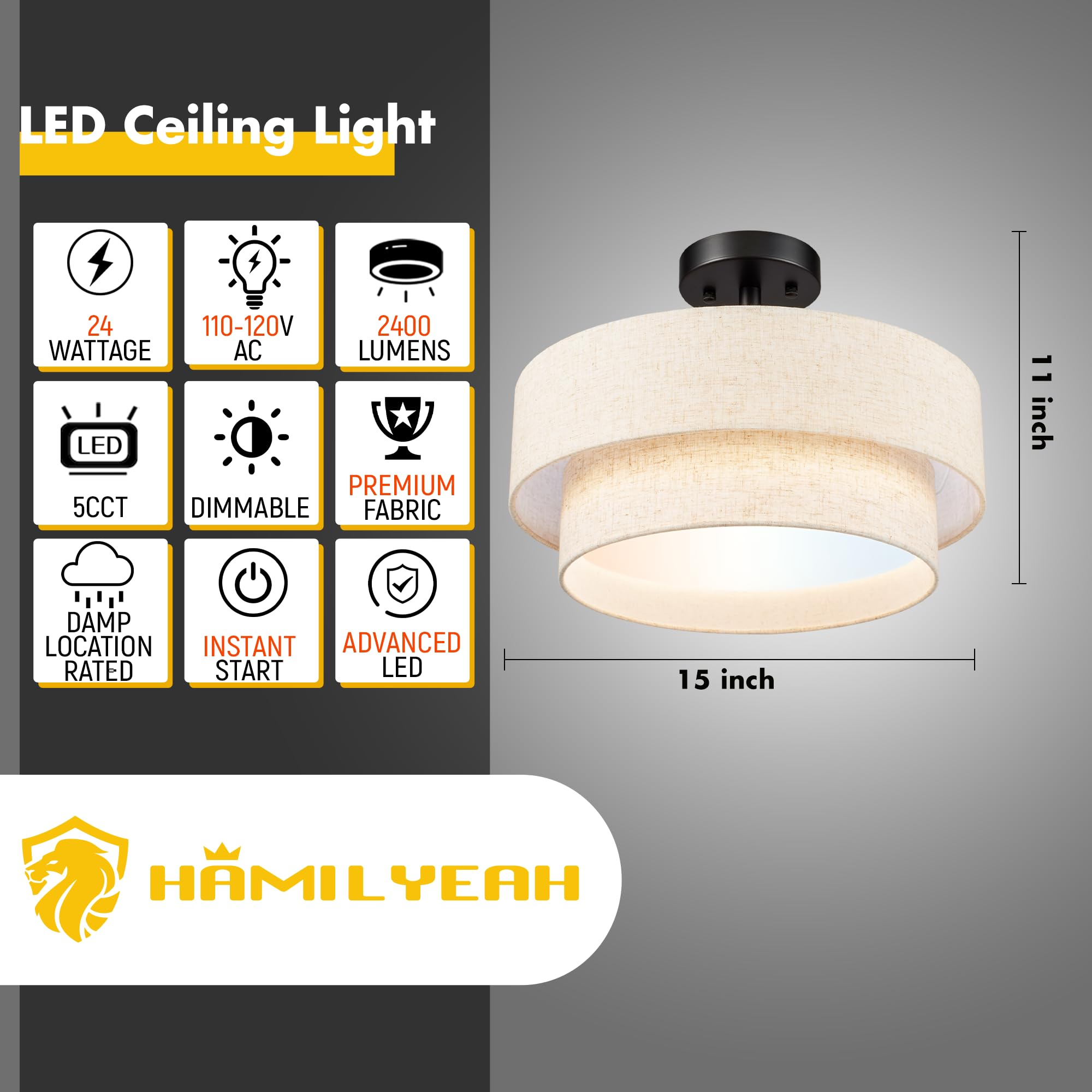 Hamilyeah 12" Fabric LED Ceiling Light Fixture, Dimmable 24W, Beige, Flush Mount for Kitchen, Bedroom, Living Room