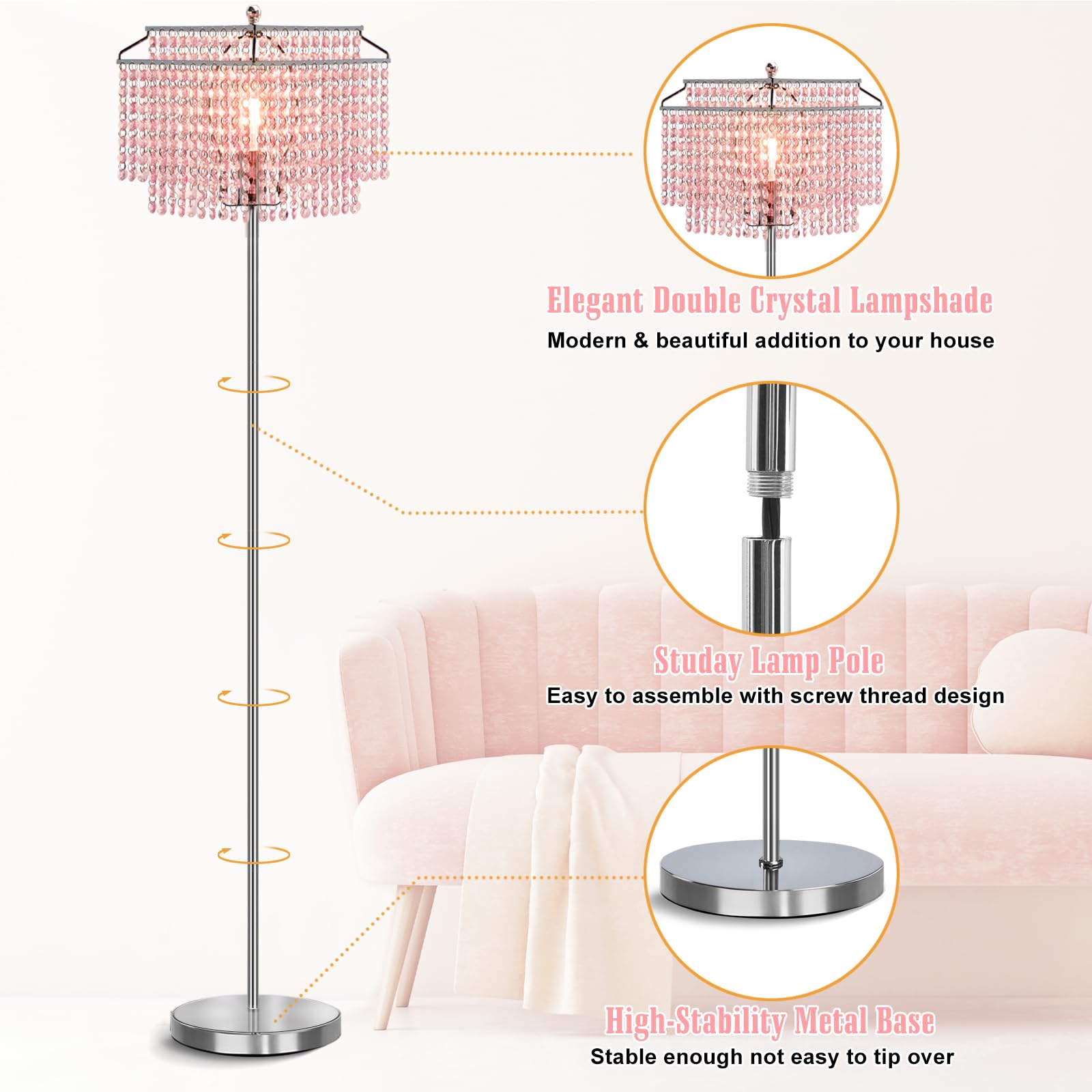 Luvkczc Pink Crystal Floor Lamp, 64" Tall Metal Standing Lamp with Double-Layer Lampshade, On/Off Foot Switch for Living Room and Office