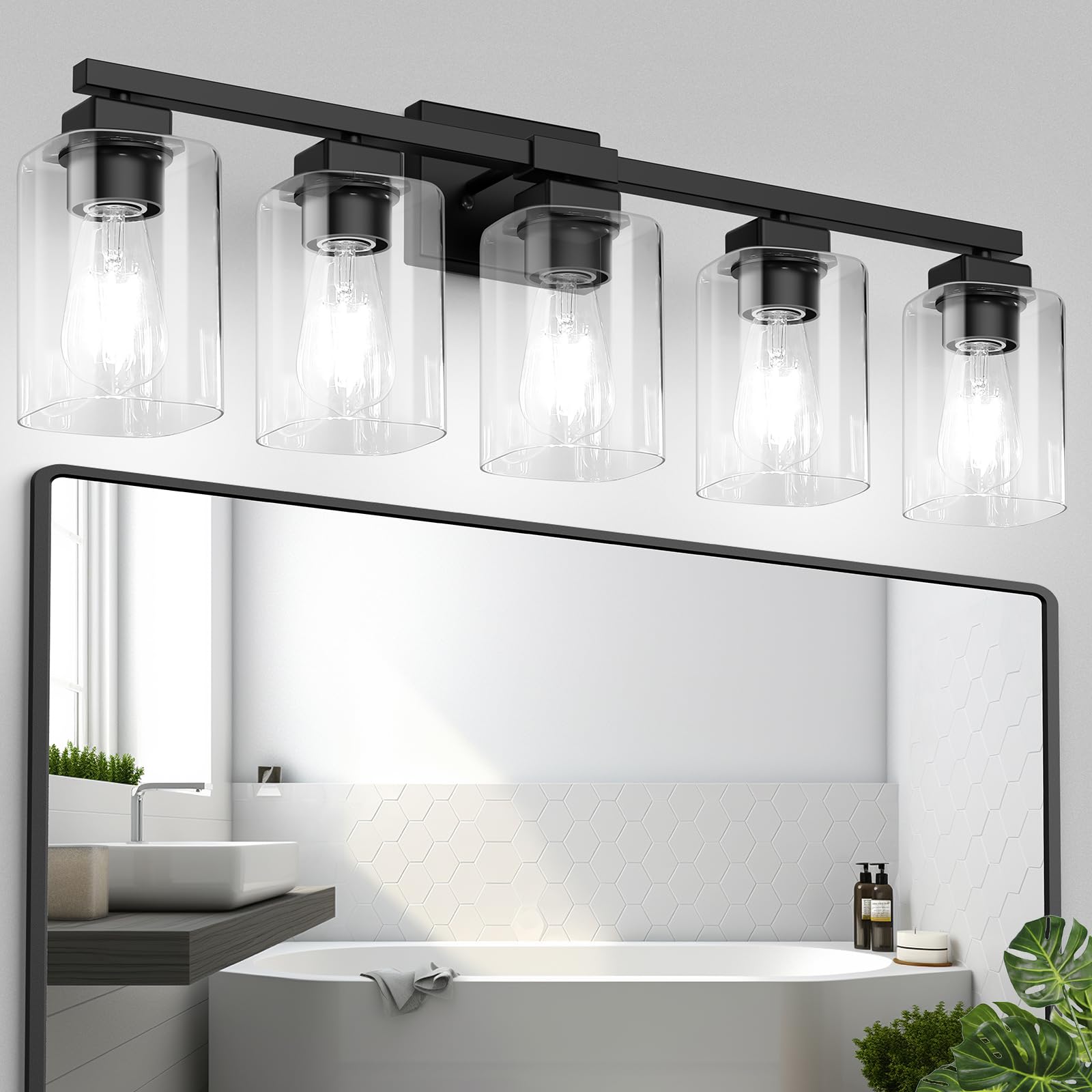 Beslowe 5-Light Bathroom Light Fixtures, Modern Black Bathroom Vanity Light, Bathroom Lighting Fixtures Over Mirror, Matte Black