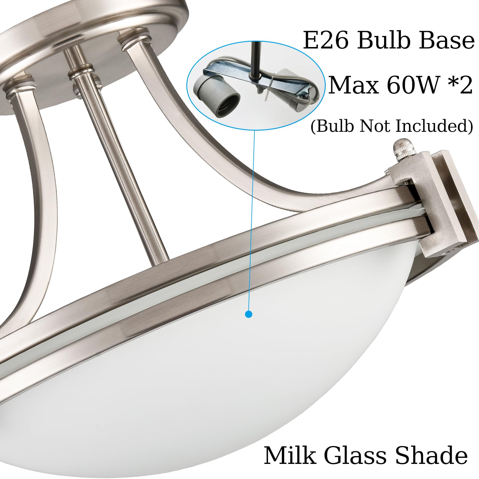Teenyo Brushed Nickel Semi Flush Mount Ceiling Light 12-Inch 2-Light Modern Milk Glass Light Fixture Flush Mount For Bedroom Hal