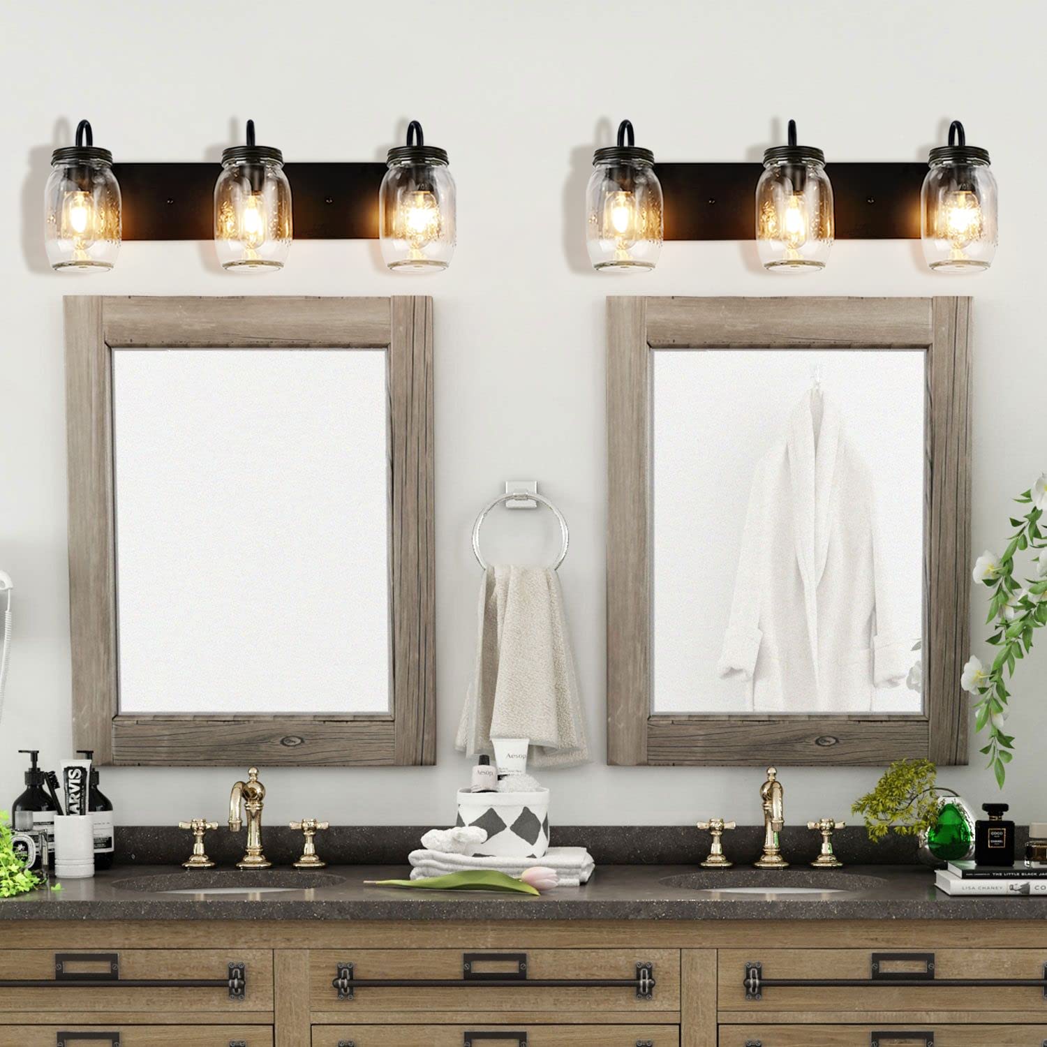 LMSOD Vanity Glass Wall Lights, Black Mason Jar Wall Sconce, Model BL-2623, Farmhouse Style