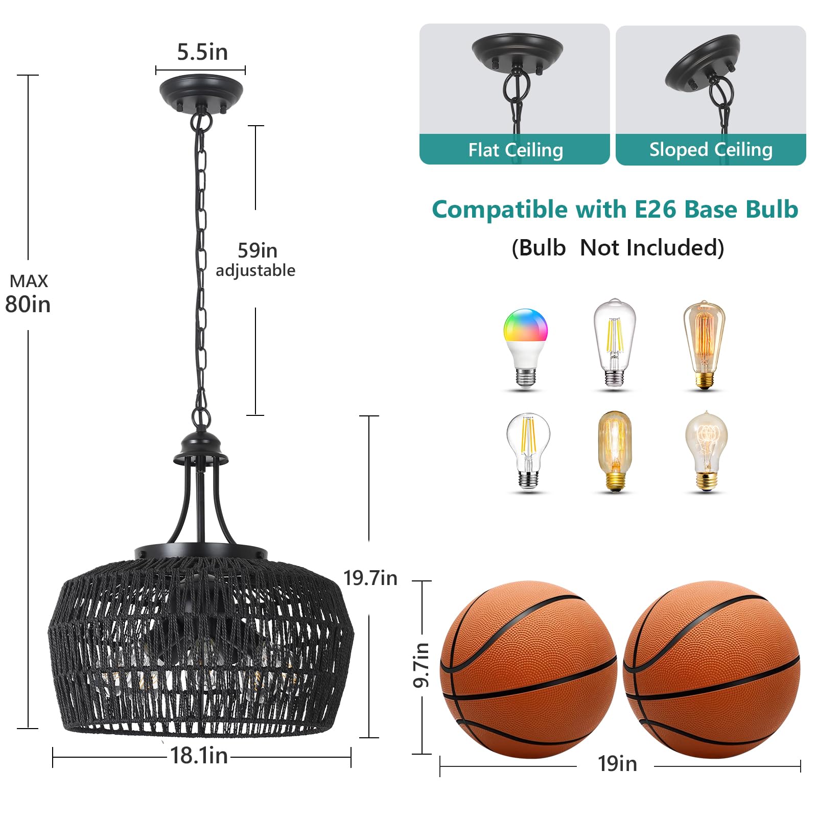 HMVPL 5-Light Black Rattan Chandelier - Farmhouse Pendant Light for Dining Room, Kitchen Island, Bedroom, Living Room, Model 230803B1