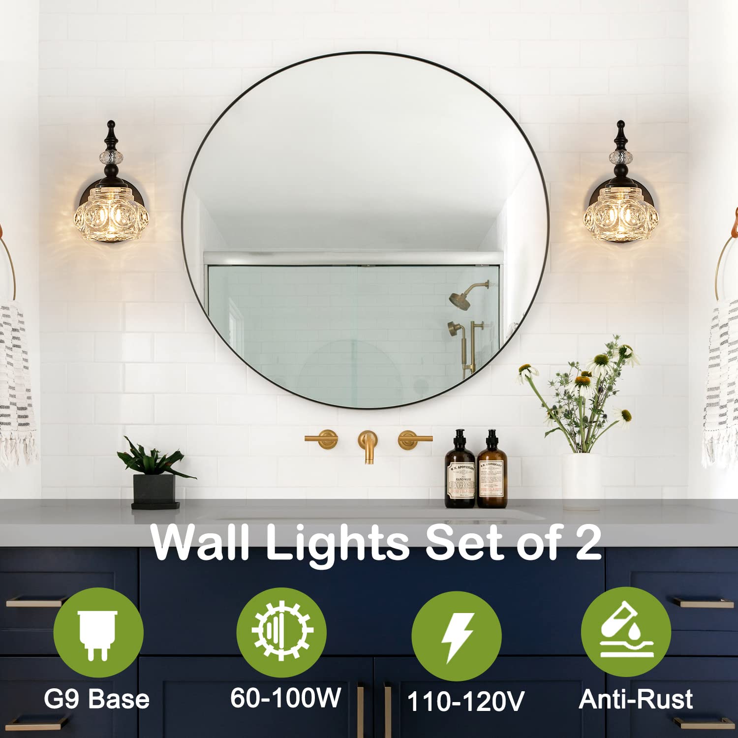 Zilanl 2-Pack Black Wall Sconces With Glass Shade - Rust-Proof Bathroom Lighting Fixtures