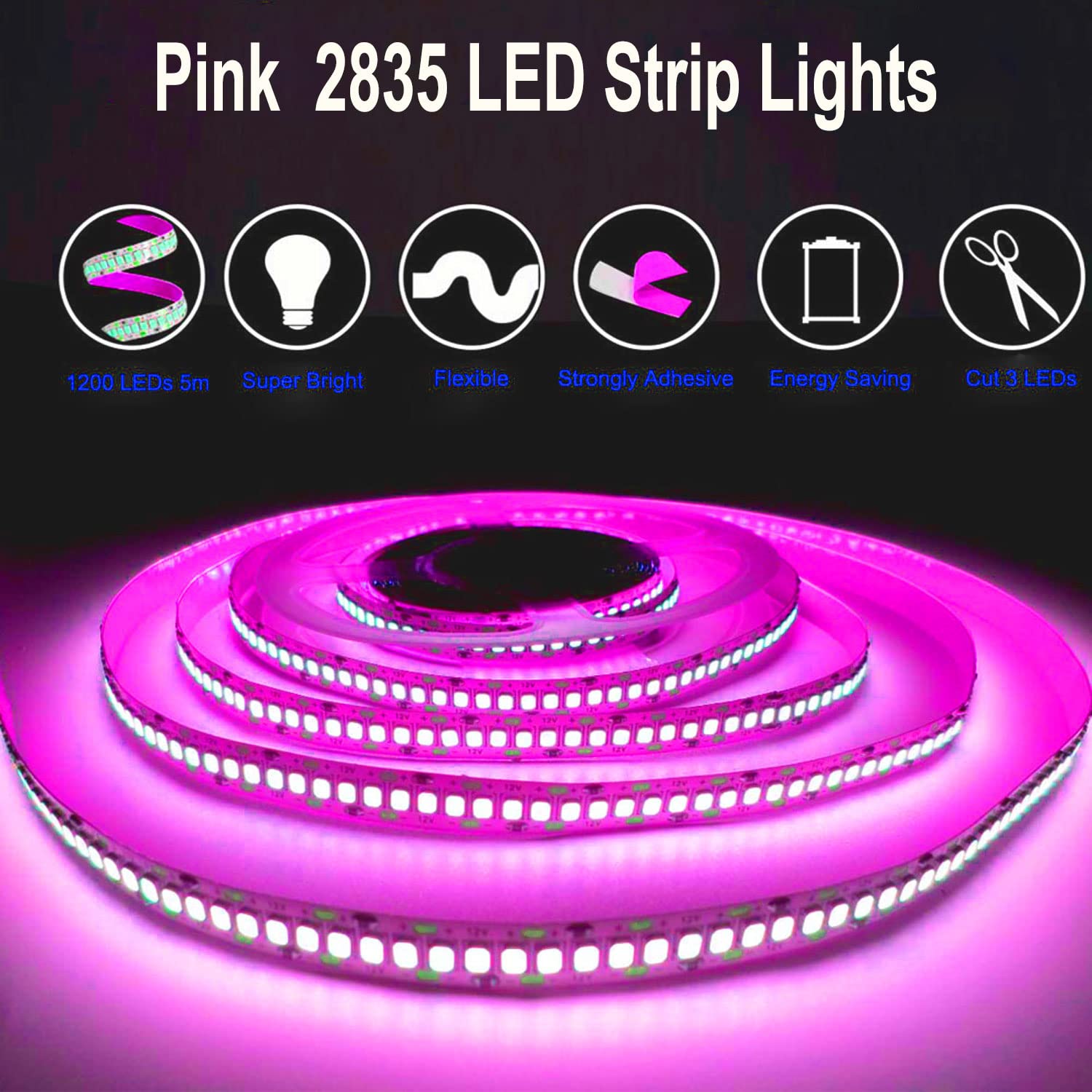 SUYOOULIN LED Strip Lights, SMD 2835, 16.4Ft, 1200LEDs, Waterproof IP65, Pink, Model LS-002-PI