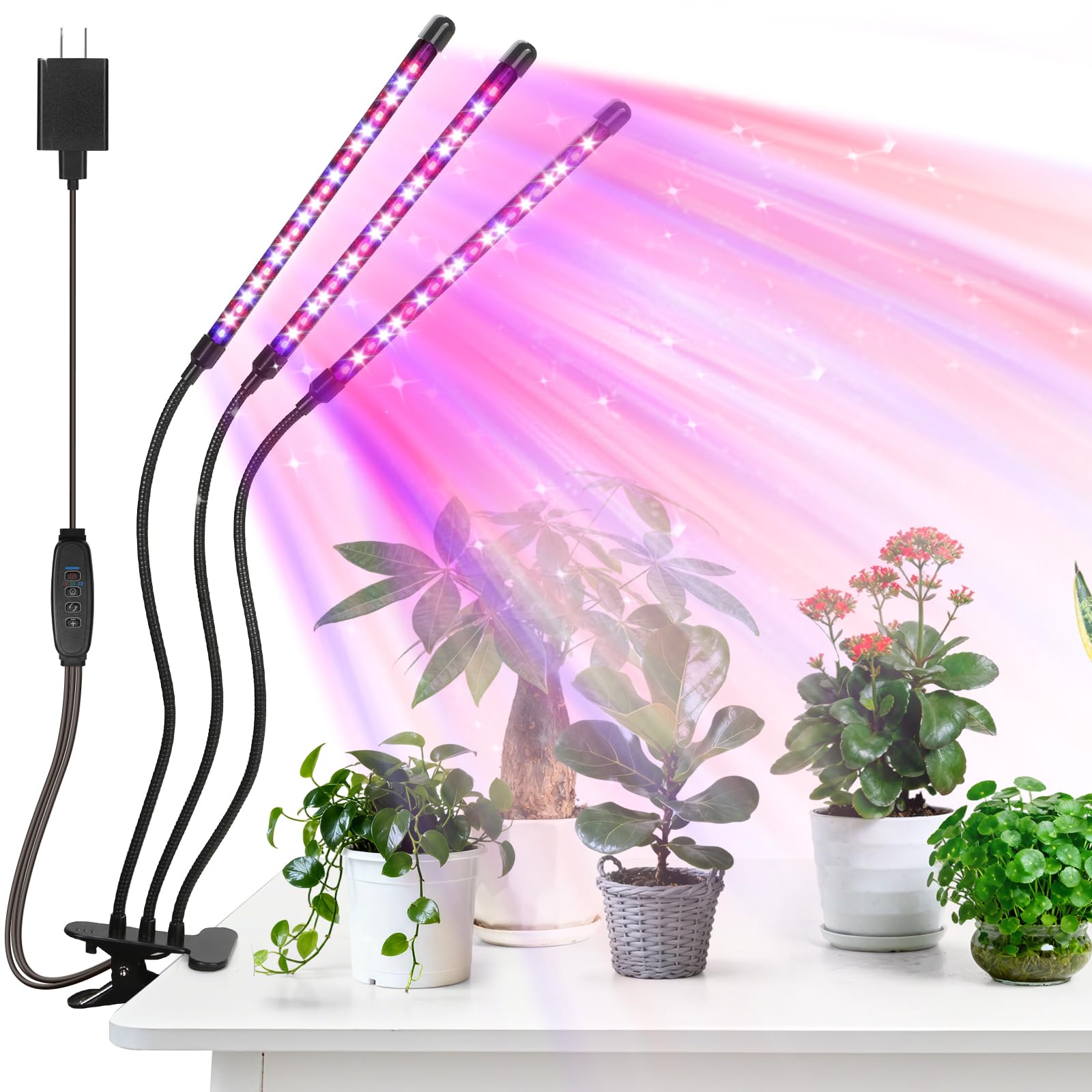 AURAZIGLI Led Grow Lights  3 Heads Red Blue Plant Light with Clamp for Indoor Plants & Seed Starting  10-Level Dimmable  Auto On Off  Timing 3 9 12Hrs