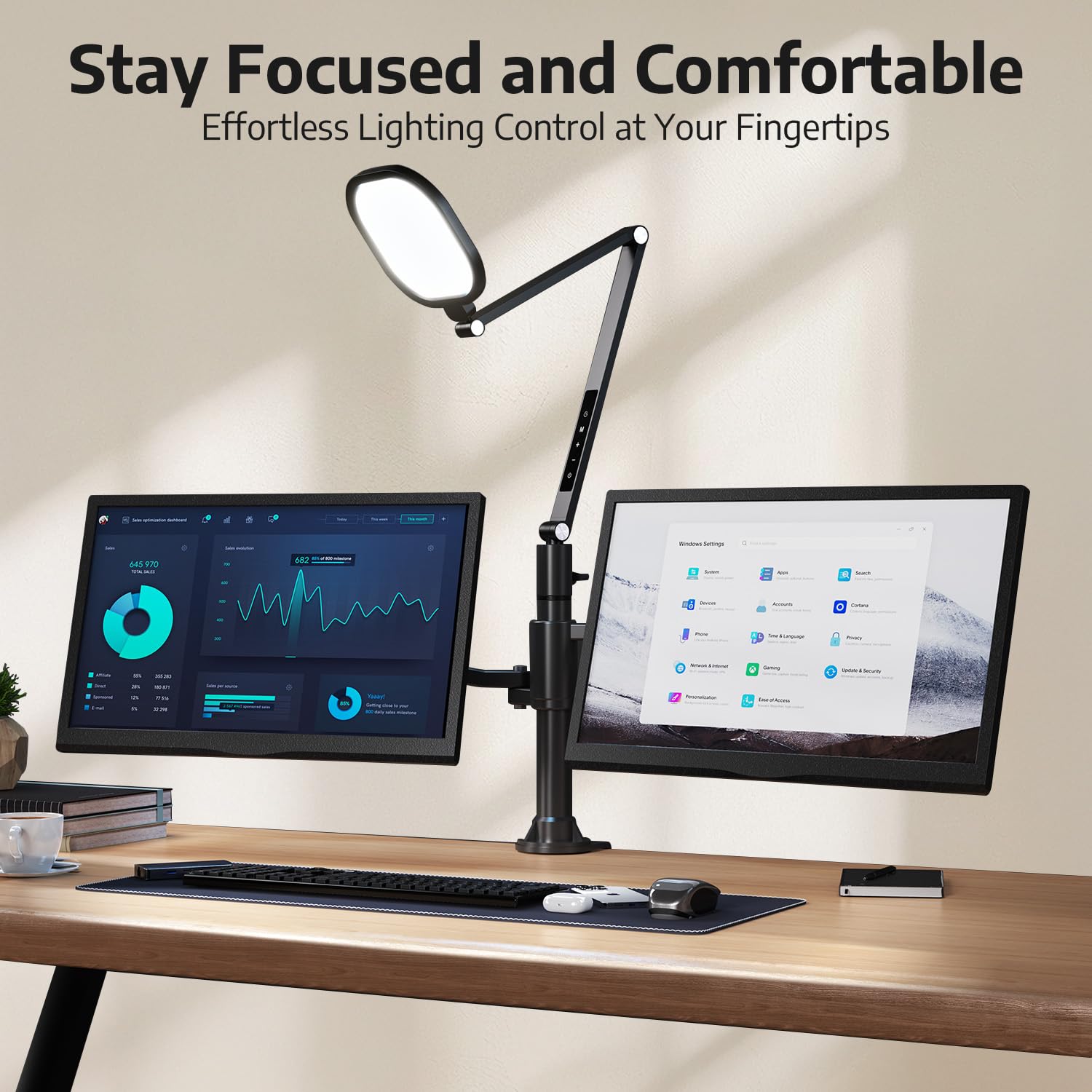 Desk Lamp For Computer Monitor Arms, Compatible With 1.18-1.38 Inch Diameter Pole-Mounted Dual Monitor Stand, 1200Lm Dimmable De