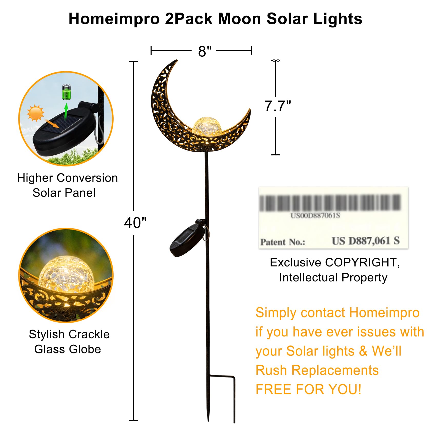 Homeimpro 2Pack Moon Garden Solar Lights Outdoor Stakes, Waterproof Crackle Glass Metal Patio, Backyard Decorations, Balcony Lawn Ornaments, Gifts For Mom Dad Grandma (Bronze)