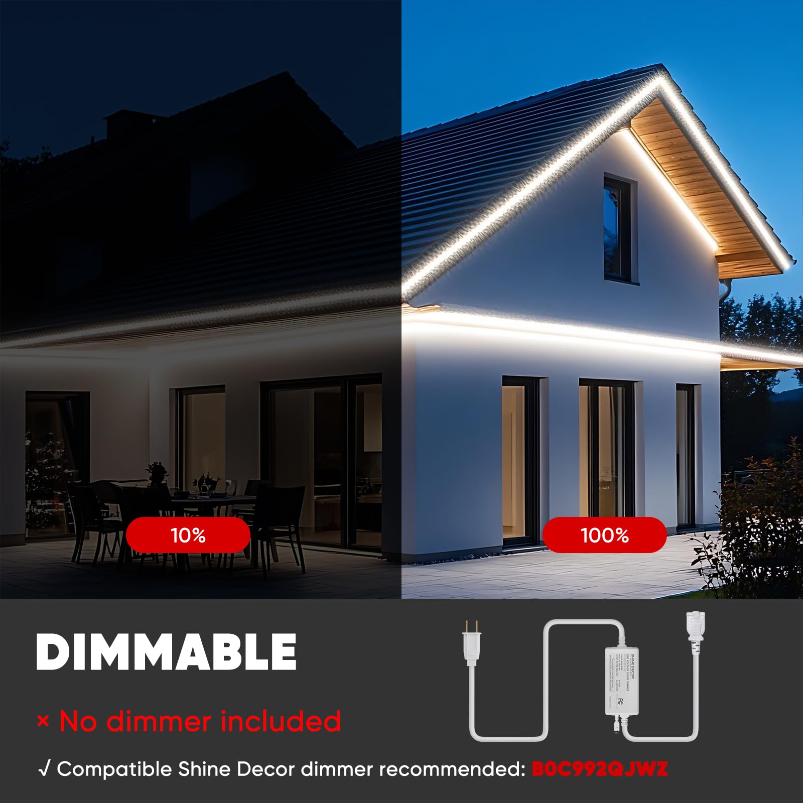 Shine Decor Led Strip Light 150Ft 120Vac, Super Bright 19012 Lumens Dimmable, Ip65 Waterproof For Outdoor Indoor, 6500K Cool Whi