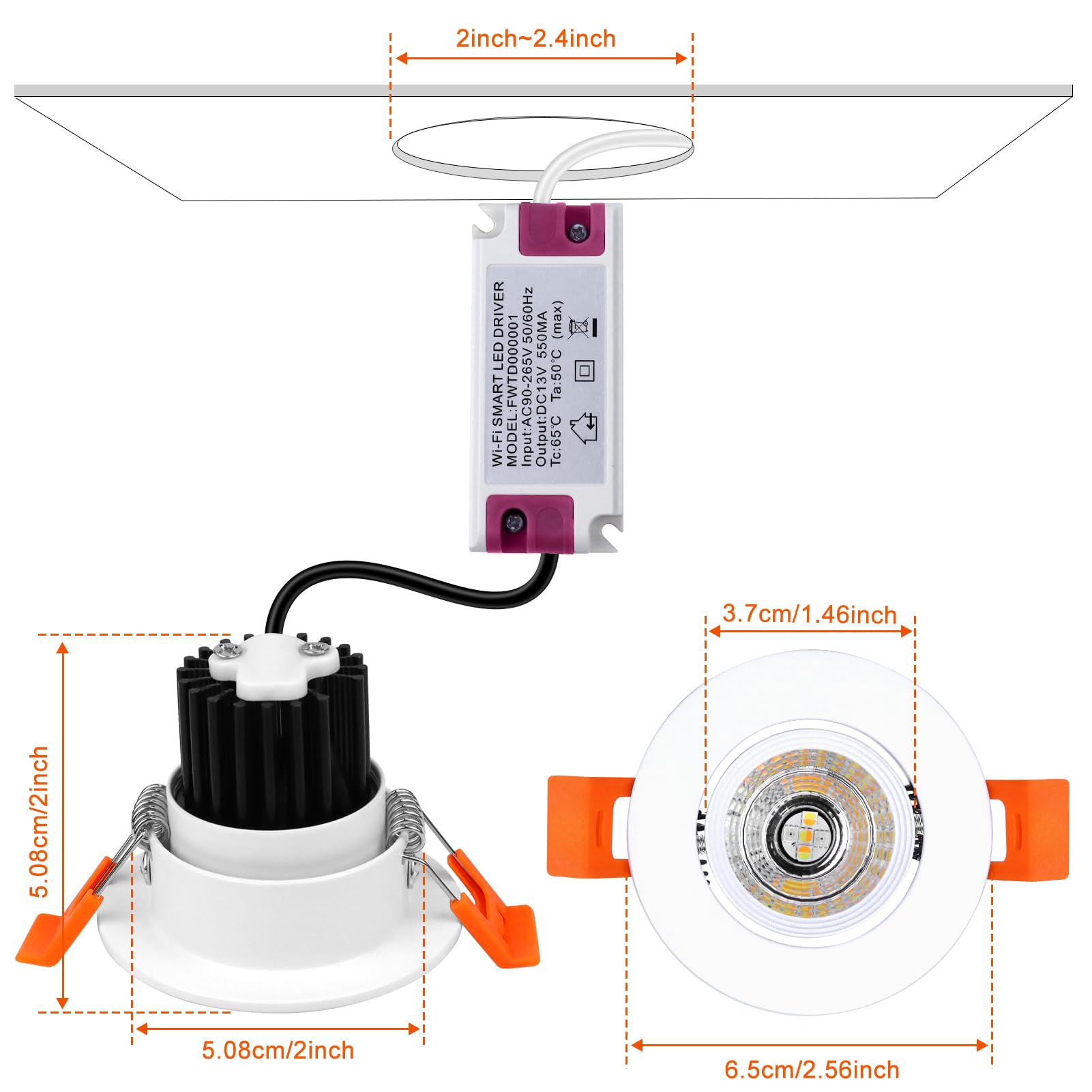 LEDLightsWorld 2 Inch Smart RGBCW LED Recessed Downlight, Wi-Fi, 5W, Aluminum, 4 Pack