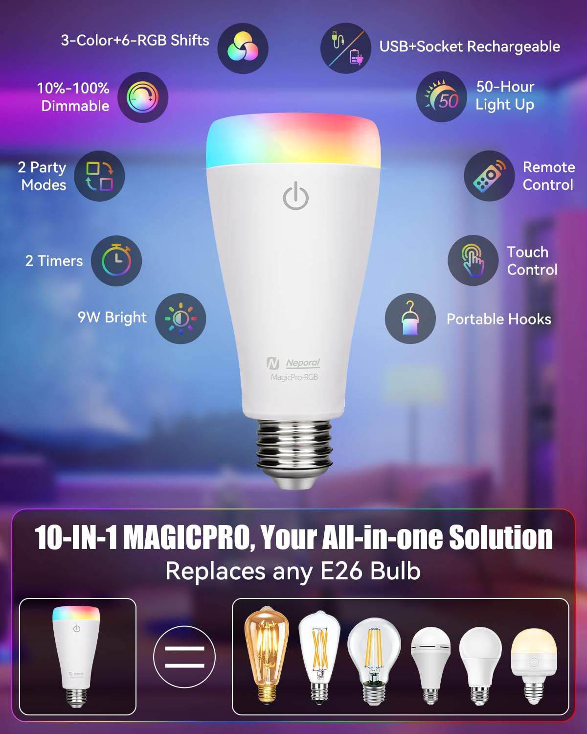 Neporal MAGICPRO-RGB Rechargeable Light Bulbs, 2PK, RGB+3 Colors, Dimmable, USB & Socket Charging, Model NL0434, 9W, E26