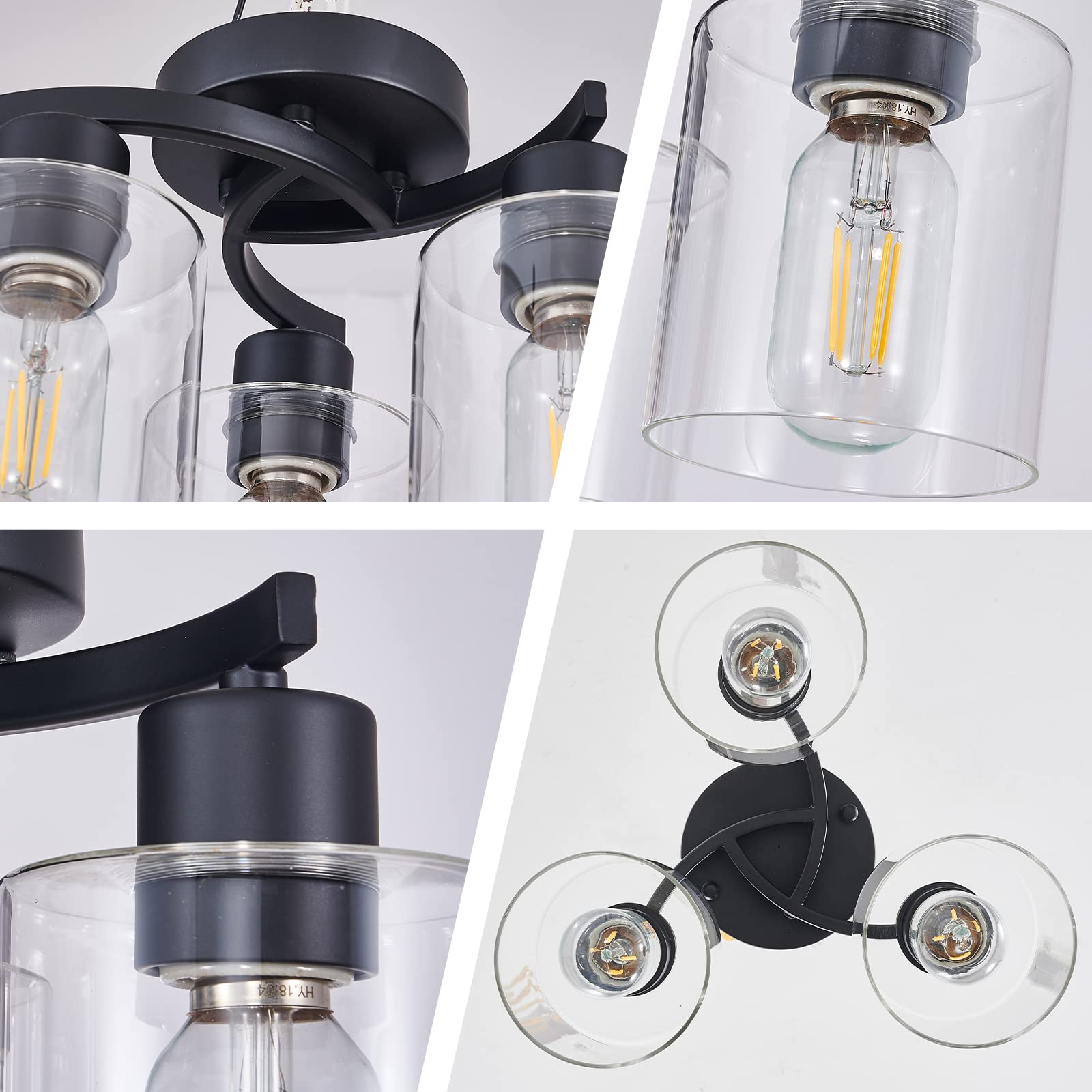 Eatich 3-Light Semi Flush Mount Ceiling Light, Matte Black Ceiling Light Fixture, Farmhouse Kitchen Light Fixtures With Clear Glass Shades, Hallway Light Fixtures Ceiling Mount For Foyer Entryway