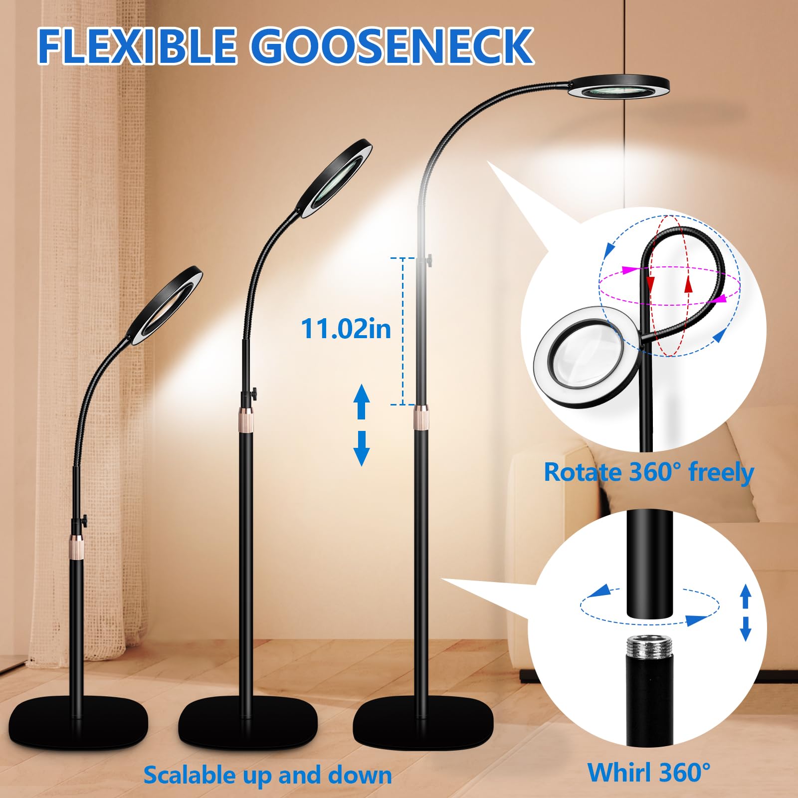 Hitti 10X Floor Magnifying Glass With Light, Flexible Gooseneck Magnifying Floor Lamp, 3 Color Modes Stepless Dimmable Led Light