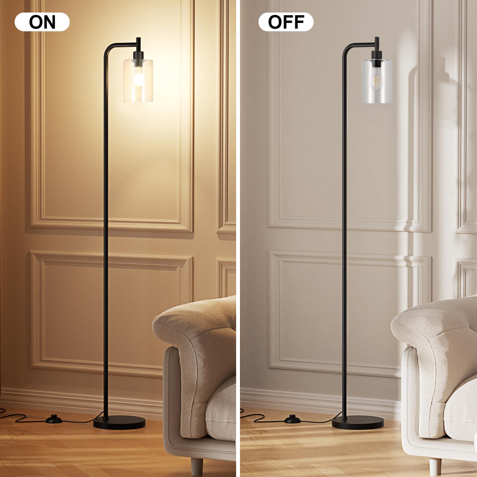 Ziisee Industrial Floor Lamp With Glass Shade - Black, Led Bulbs, Foot Pedal Switch, Easy Assembly