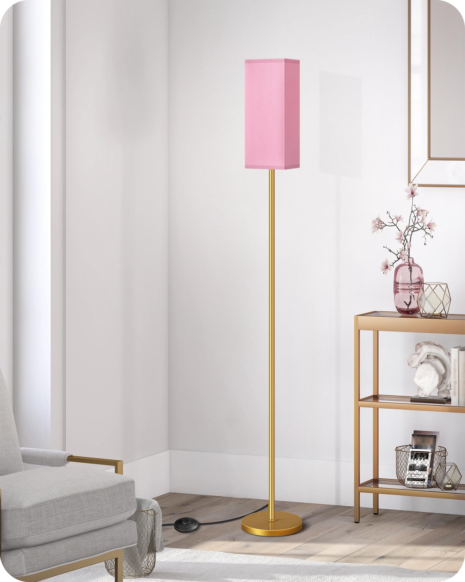 GOEBLESON Floor Lamp, Modern Standing Lamp with Foot Switch, Metal, Gold and Pink, Model DP07LD05