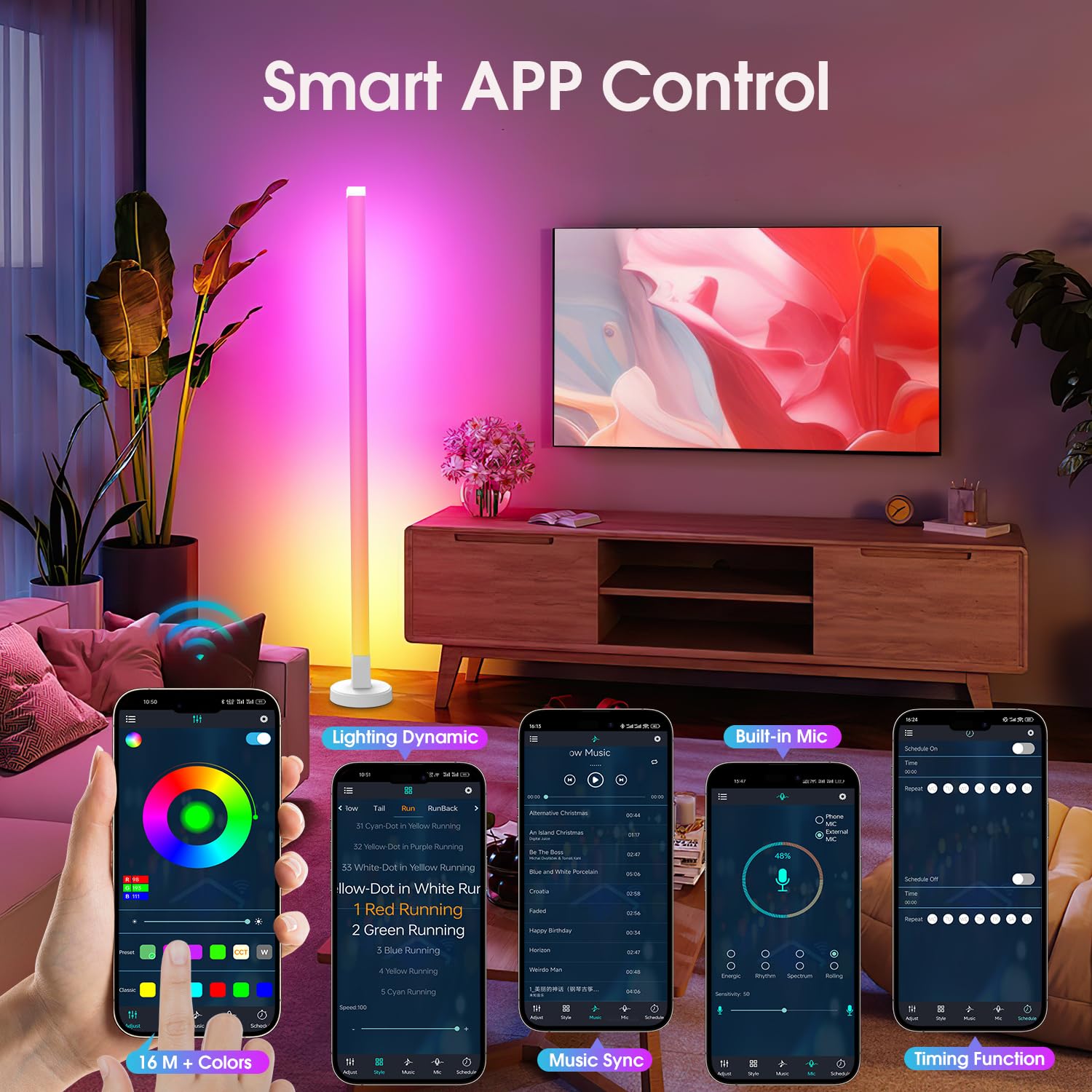 KEIWRLIGHT RGB LED Corner Floor Lamp, Smart App & Remote Control, 16 Million Colors, Medium, White, Model JSK-P70