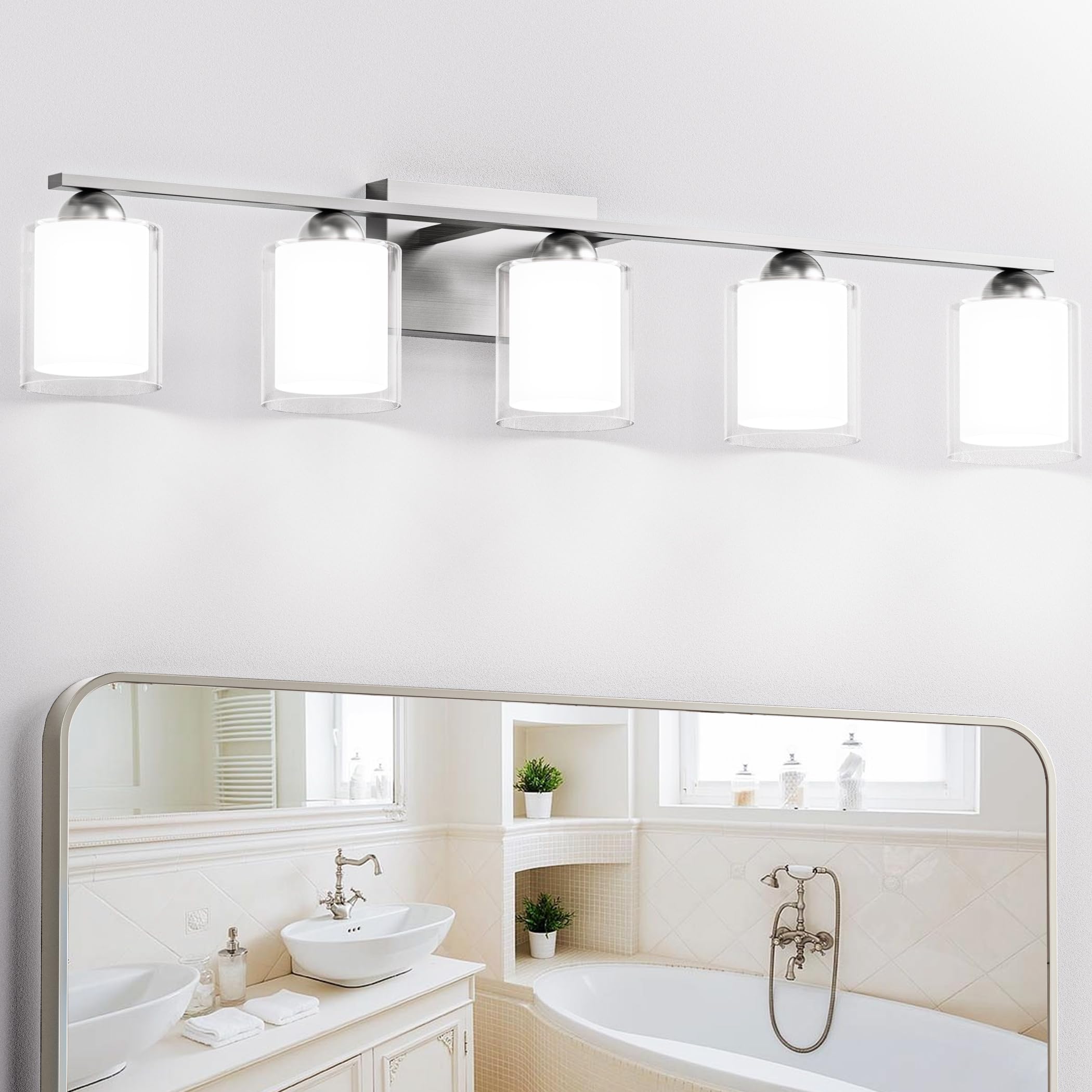 Quntis 5 Light Brushed Nickel Bathroom Light Fixtures  Modern Vanity Lights Over Mirror With 5 Colors & Stepless Dimmable  33 Inch Led Bathroom Lighting With Milk White Frosted Glass (Bulbs Included)