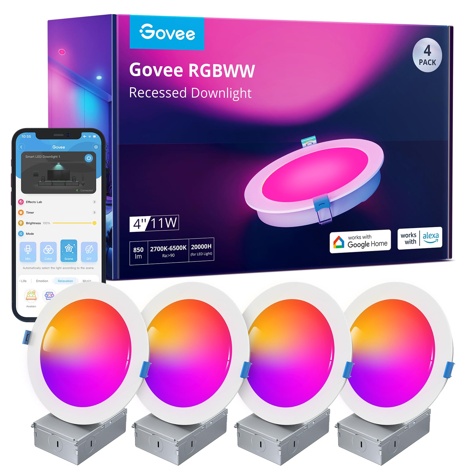 Govee Smart Recessed Lighting 4 Inch, Wi-Fi Bluetooth Direct Connect RGBWW LED Downlight, 65 Scene Mode, Work with Alexa & Googl