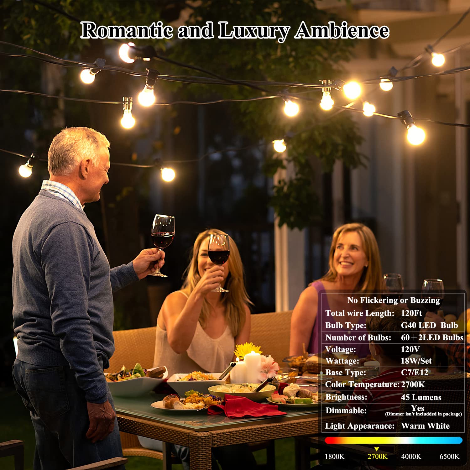 Daoneg 120Ft Outdoor G40 Led Globe String Lights, 60 Waterproof Bulbs, Patio & Garden Decor