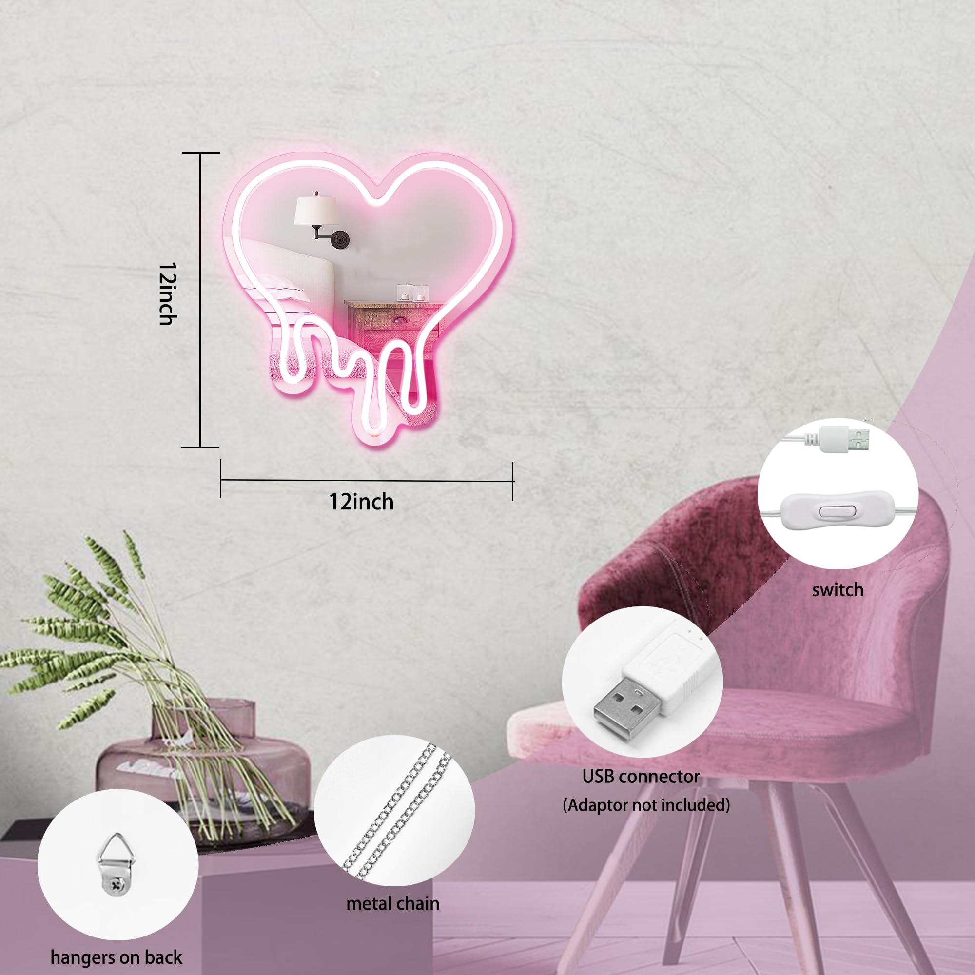 DECANIT Heart Neon Sign - USB Powered LED Light, 12inx12in, Pink Decorative Wall Mirror, Ideal for Bedroom and Party Decor, Model NN-0038