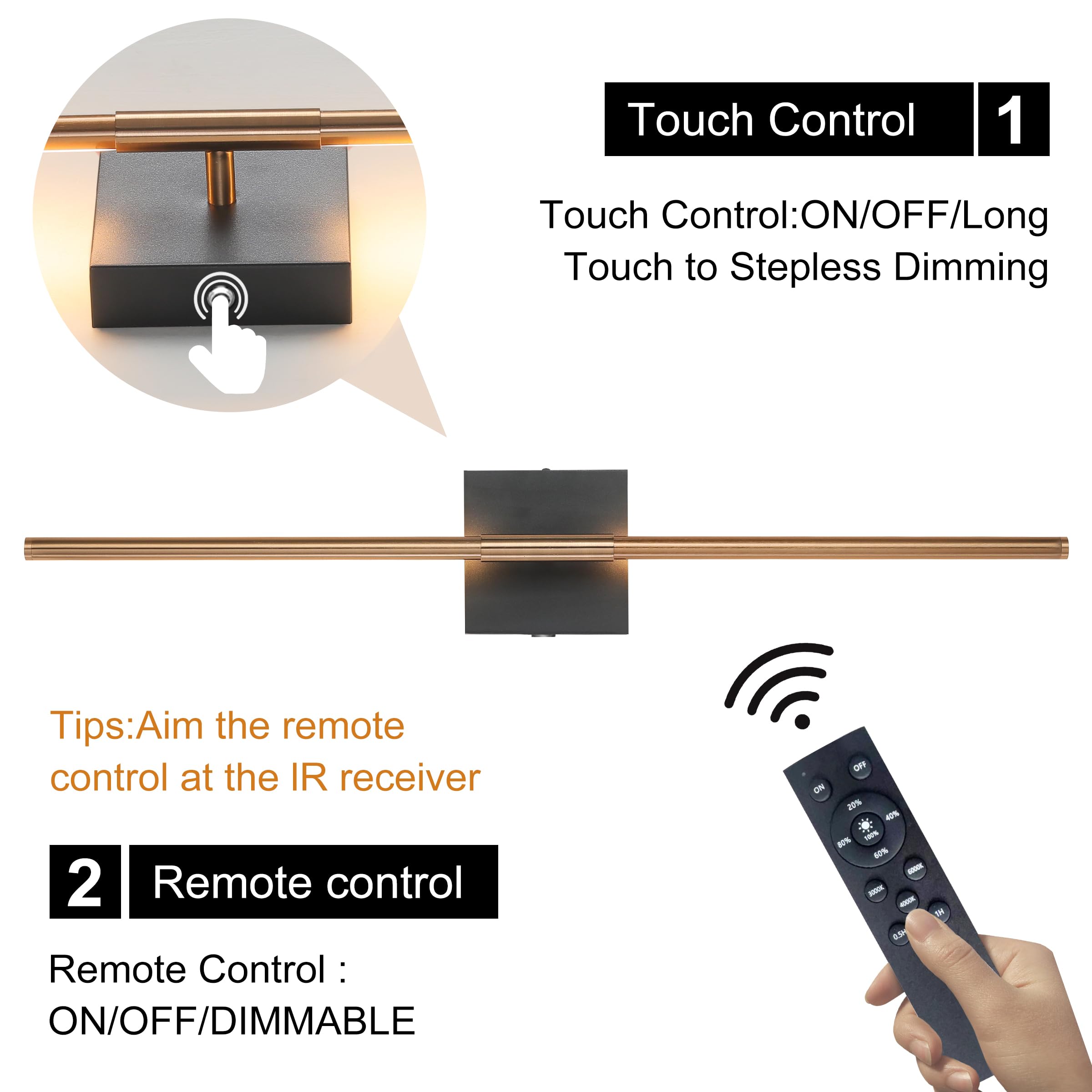 15800 mAh Battery Operated Wall Sconces with Remote Control, Dimmable Wall Sconces Set of Two 3000K LED Matte Black and Brass Go