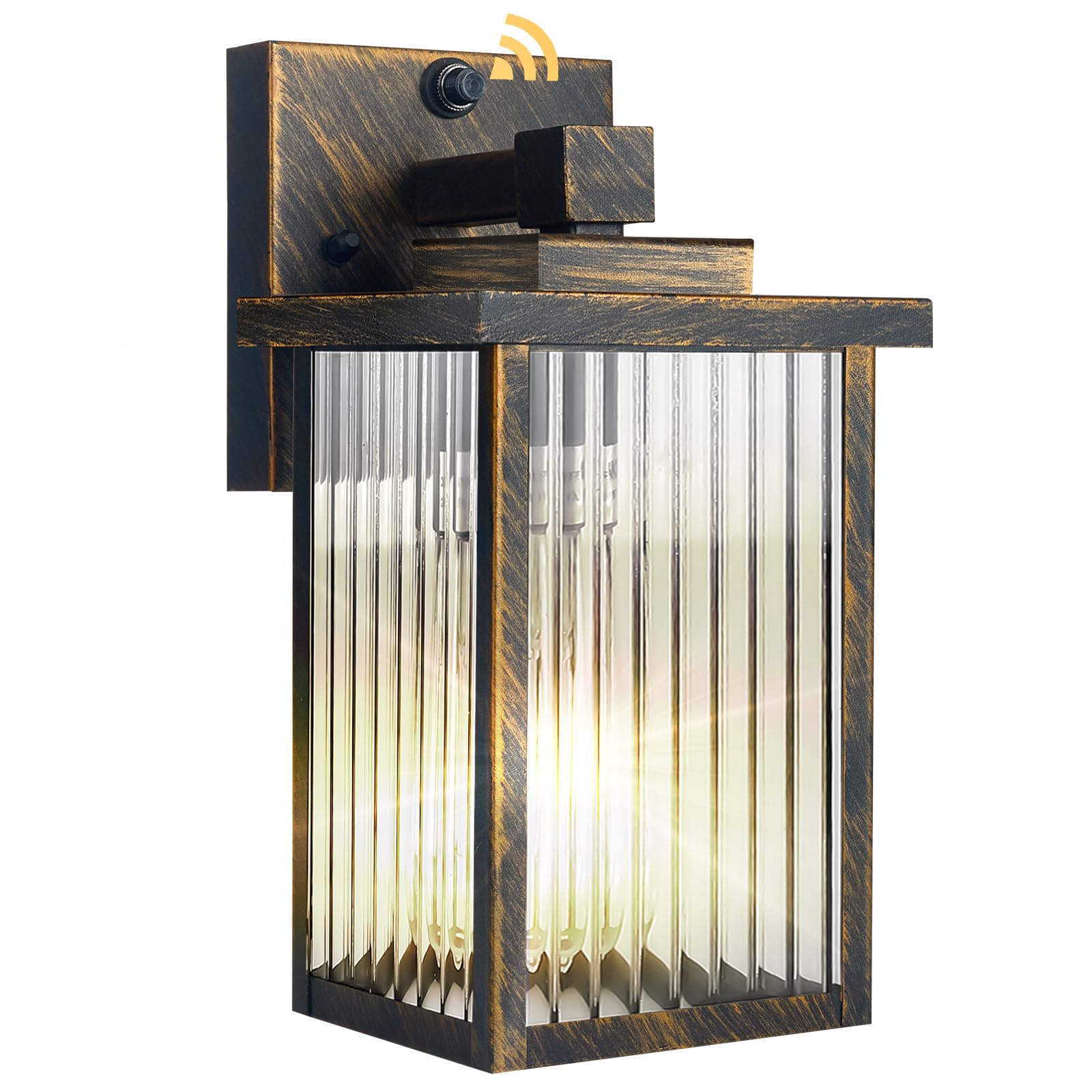 hameso Outdoor Wall Light with Dusk to Dawn Sensor  Waterproof Exterior Light for House Porch and Garage  Black Brush Gold Metal Wall Sconce with Textured Glass