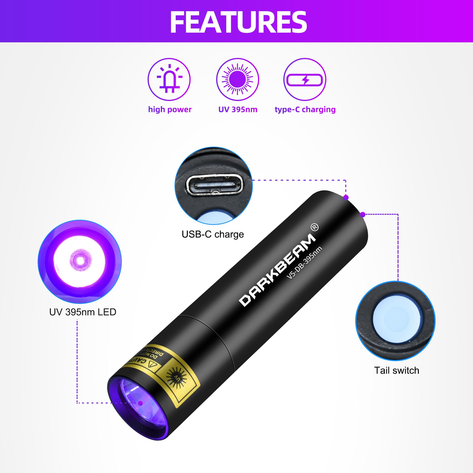 Darkbeam Uv Flashlight 395Nm Light Blacklight, Mini But Powerful Woods Lamp Usb-C Rechargeable, Led Ultraviolet Flashlights Pock