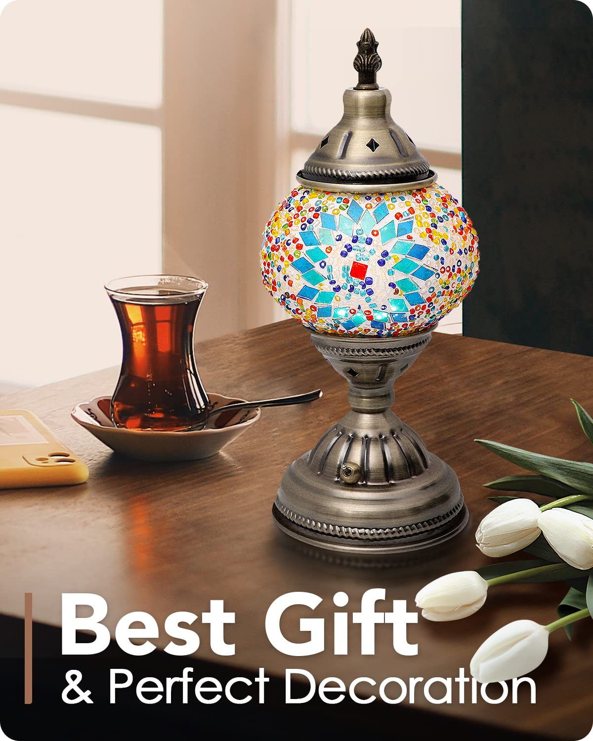Yarra-Decor Turkish Moroccan Lamp, Handmade Mosaic Glass, Portable Bedside Light with Rechargeable Battery, Blue1