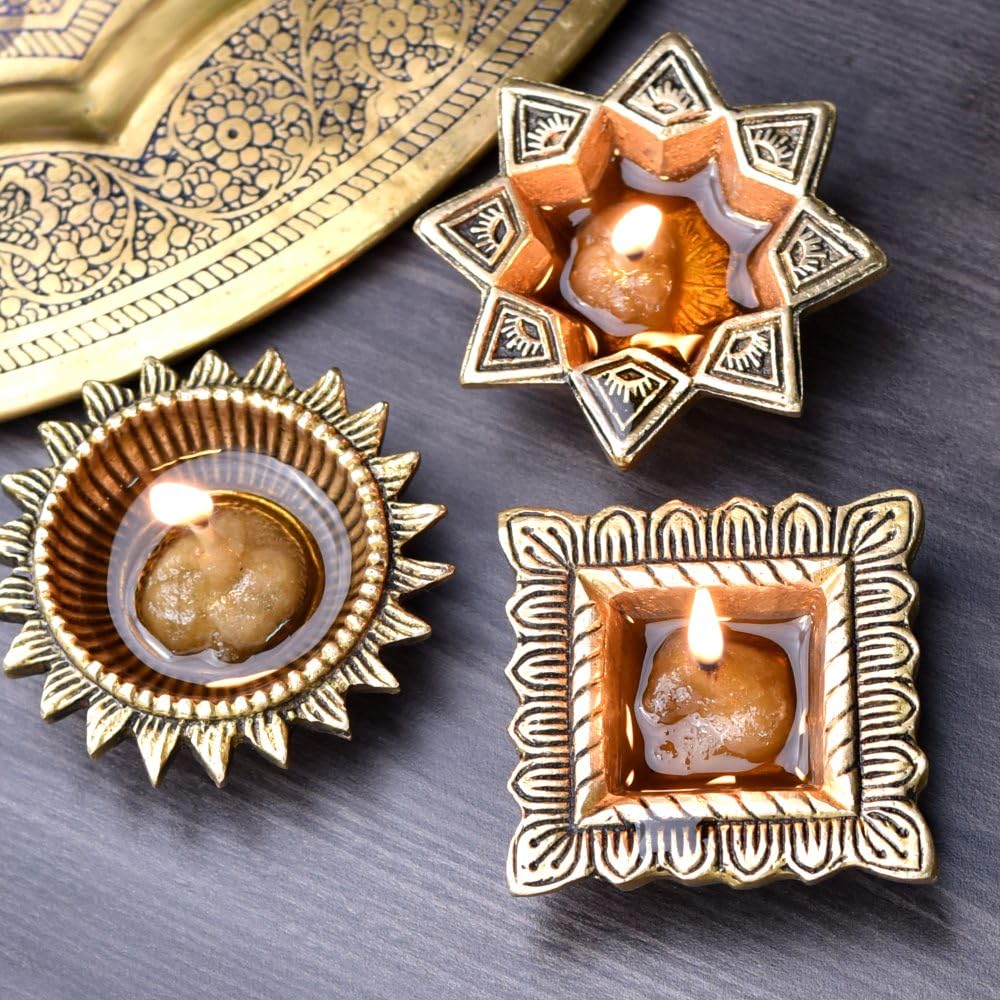 Indian-Shelf 3 Pieces Golden Diya Brass Oil Lamp Diwali Home Decoration Items Puja Deepak for Temple Decoration