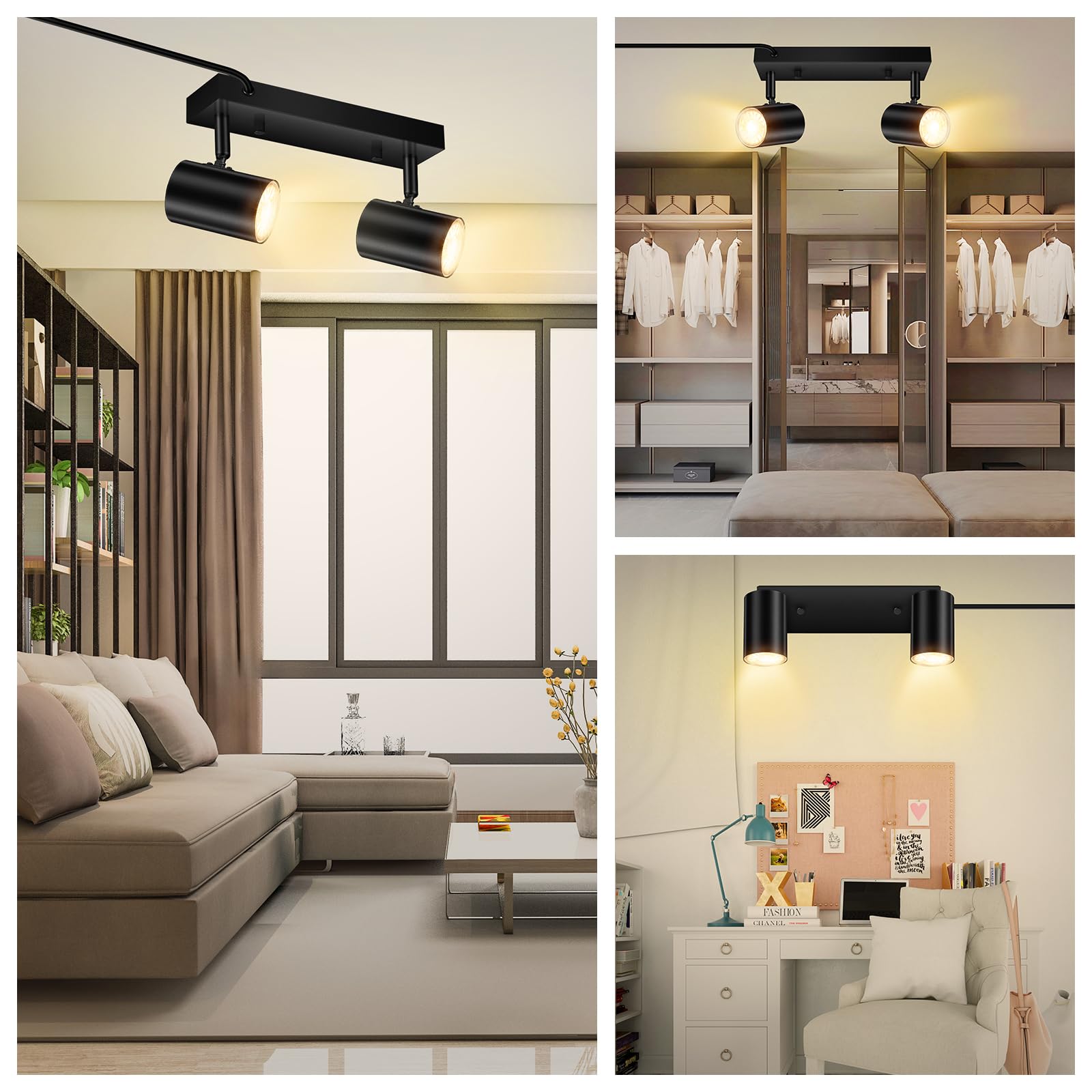 Auquee 2 Light Track Lighting Kit,Black 2 Way Modern Plug In Ceiling Spotlight,Industrial Led Wall Light For Kitchen Cabinet Gal