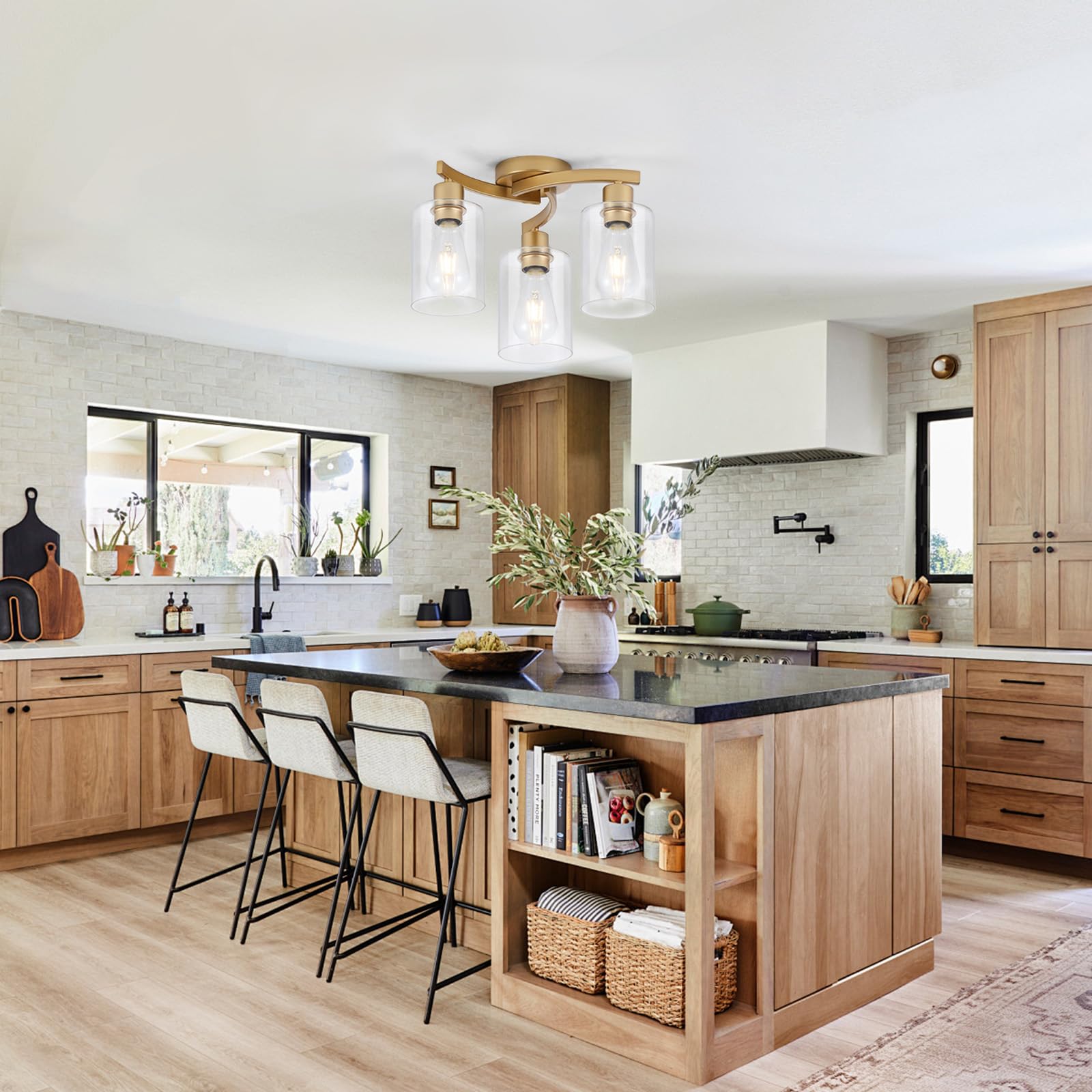 3Wwwuee 3-Light Semi Flush Mount Ceiling Light, Modern Close To Ceiling Light Fixtures With Clear Glass Shades, Gold Light Fixtu