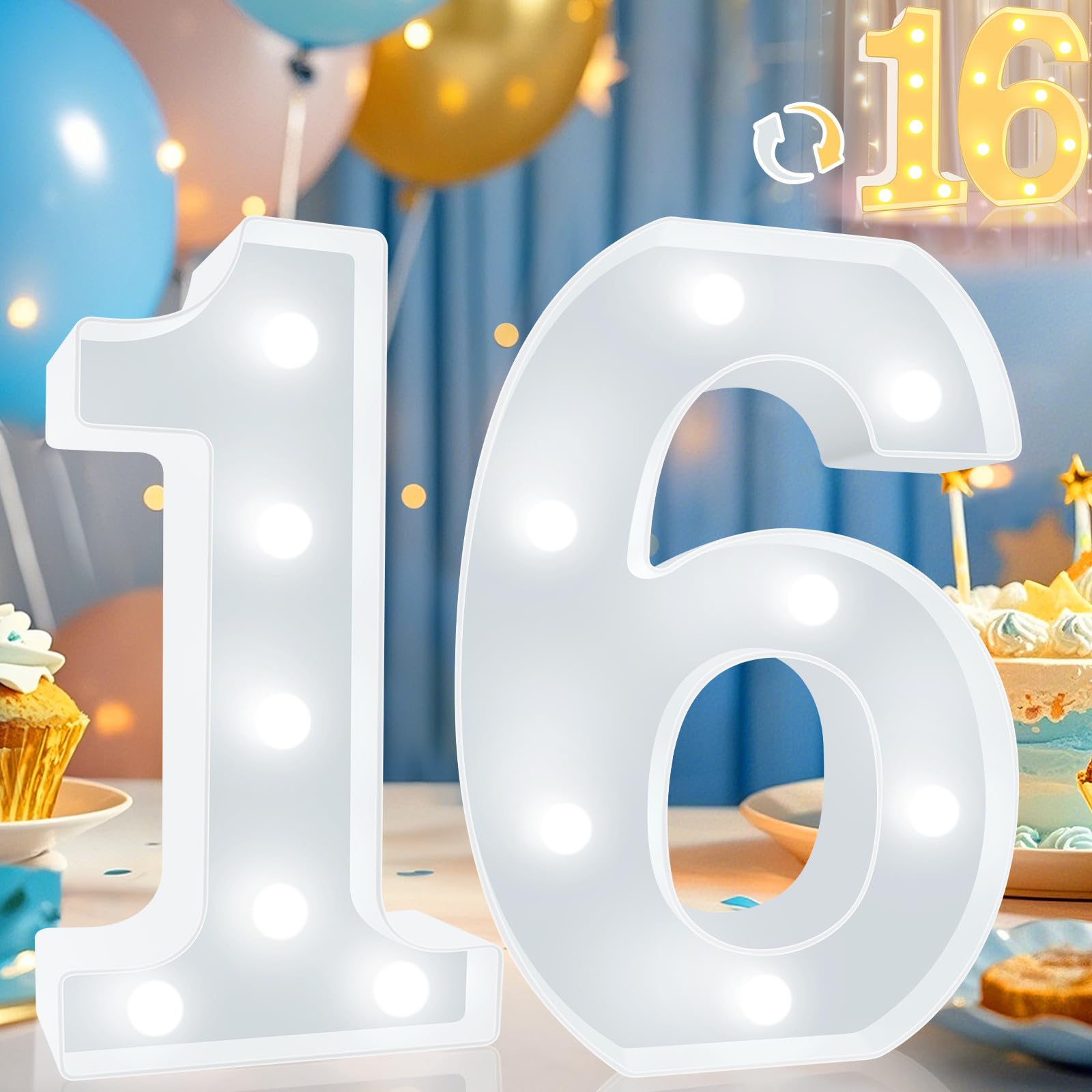 Pooqla LED Number 16 Sign - Decorative Marquee Light Up for 16th Birthday Party, Warm White and Cool White, Model DENC-BP-01