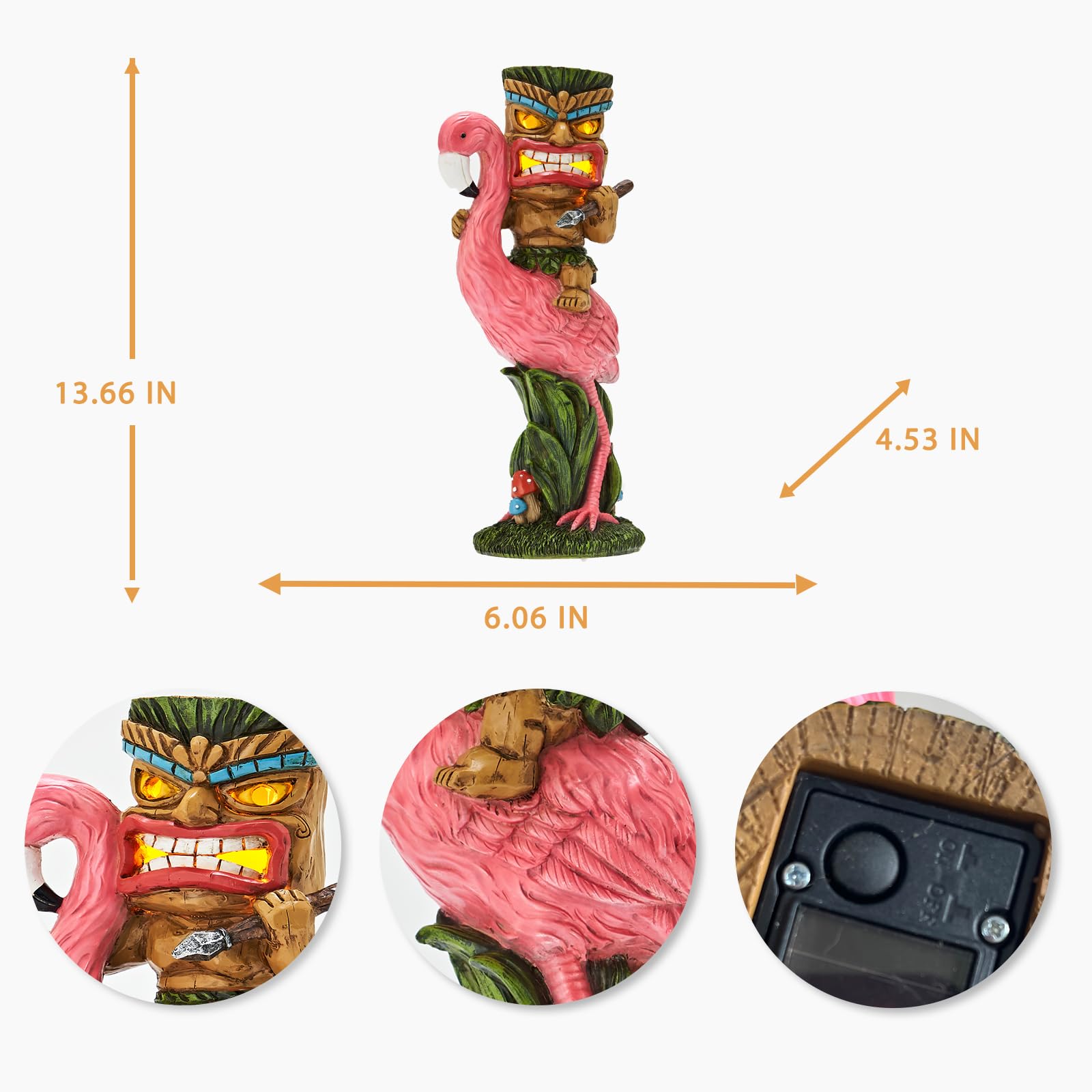 Yiosax Solar Tiki Statue - Outdoor Statue - Solar Powered Garden Figurine Tiki Decoration For Bar, Patio, Balcony, Yard, Lawn, Table, Riding A Flamingo 13.66 Inches Tall