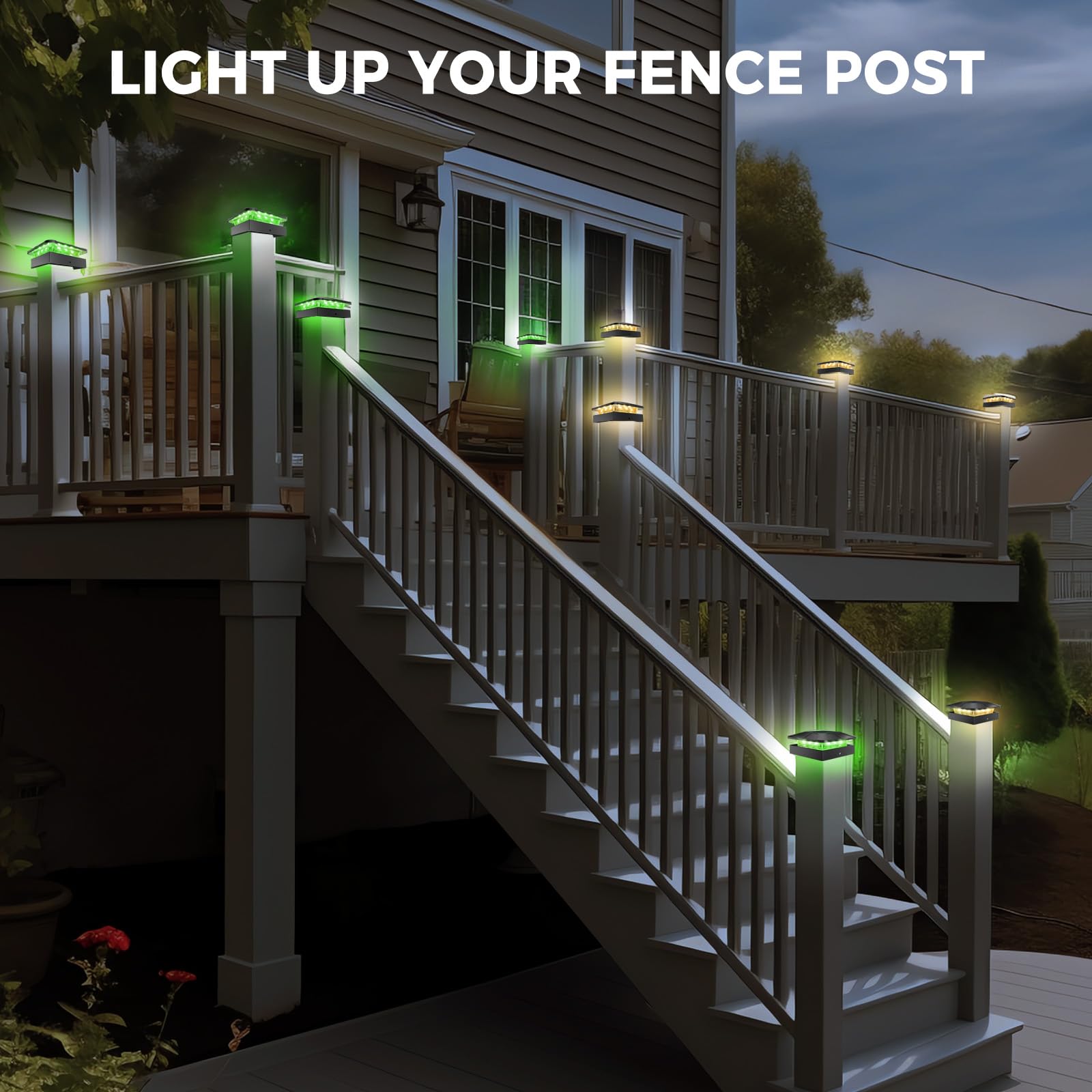 Peasur 4x4 Solar Post Lights - 4 Pack Green & Warm White LED, Waterproof Fence Caps for Deck, Mailbox, Railing, Porch Outdoor Lighting